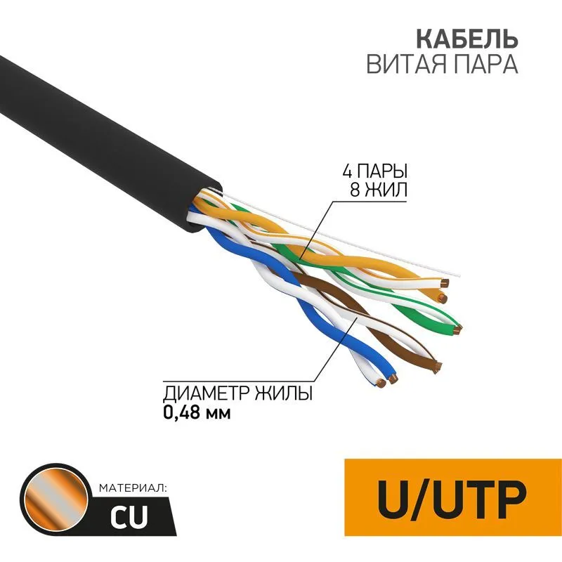 Кабель витая пара U/UTP, CAT 5e, PE, 4PR, 24AWG, OUTDOOR, SOLID, черный, 305м PROconnect 01-0054