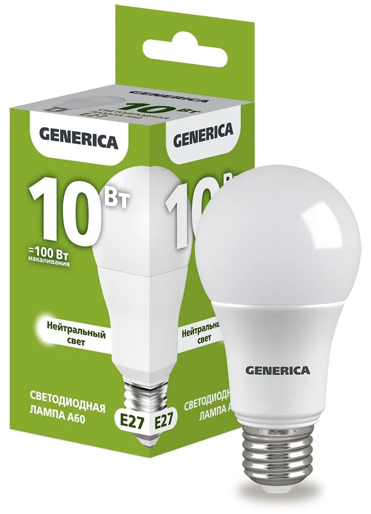 Лампа светодиодная A60 груша 10Вт 230В 4000К E27 GENERICA LL-A60-10-230-40-E27-G