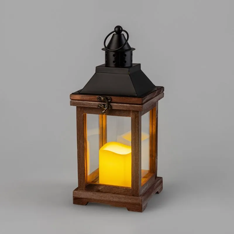 Декоративный фонарь со свечкой, корпус из дерева, размер 14х14х35cм, цвет теплый белый