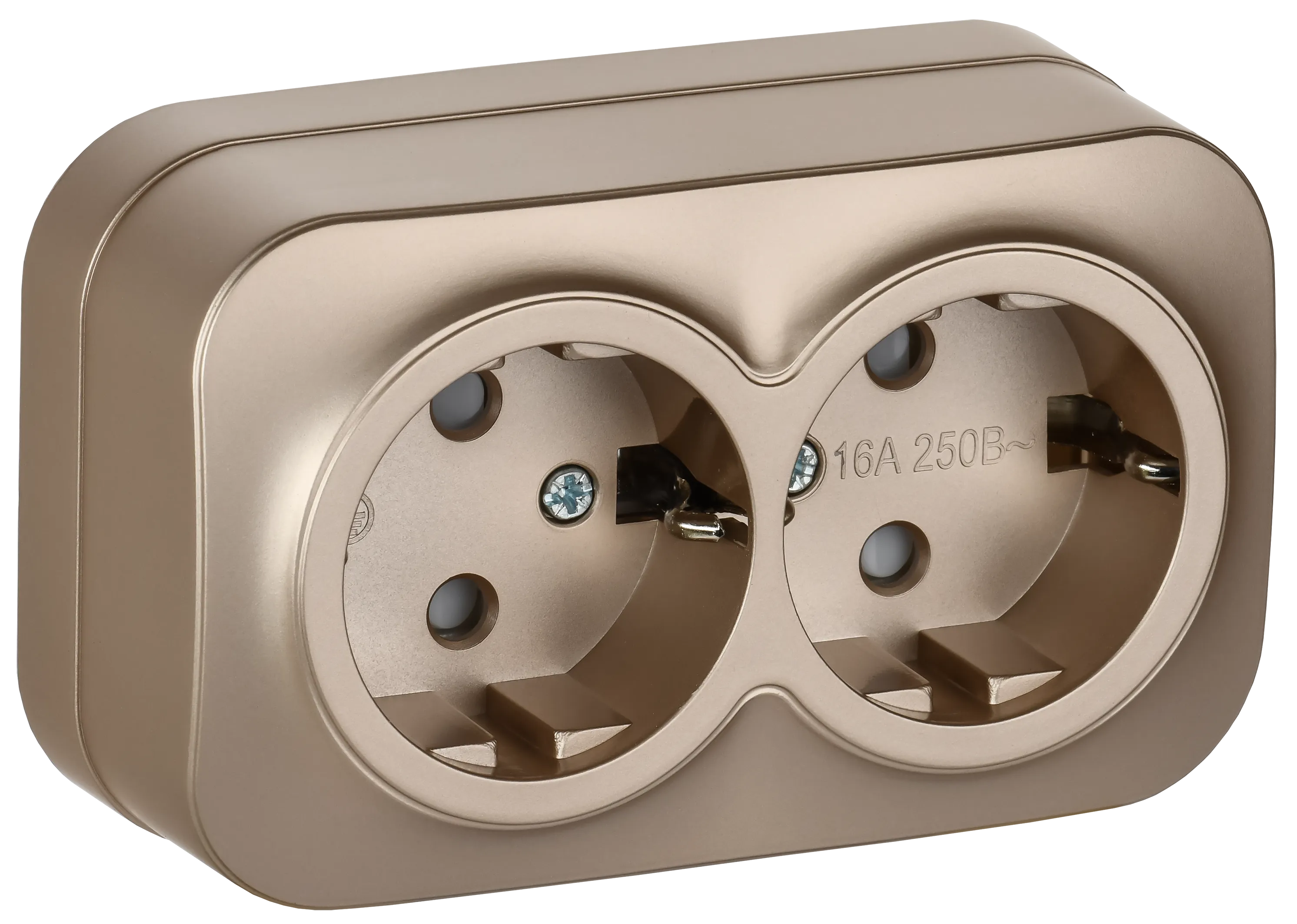 GLORY Розетка 2-местная для открытой установки с заземлением с защитными шторками 16А РСш22-3-ХШм шампань матовый IEK