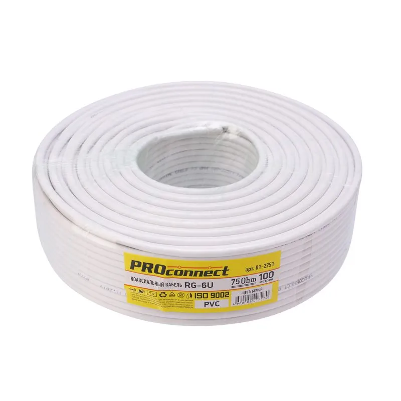 Кабель коаксиальный RG-6U, 75Ом, CCS/Al/Al, 32%, 100м, INDOOR, белый PROconnect Light - Фото 3