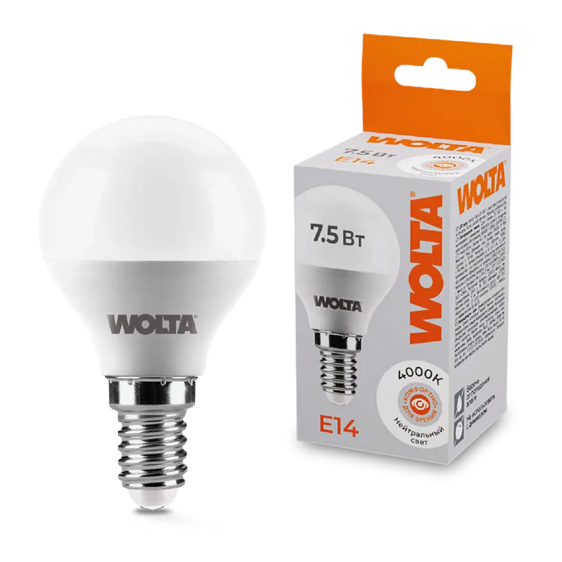 Лампа светодиодная "Шар G45" 7.5Вт 450лм 4000К Е14 (50шт/уп) WOLTA