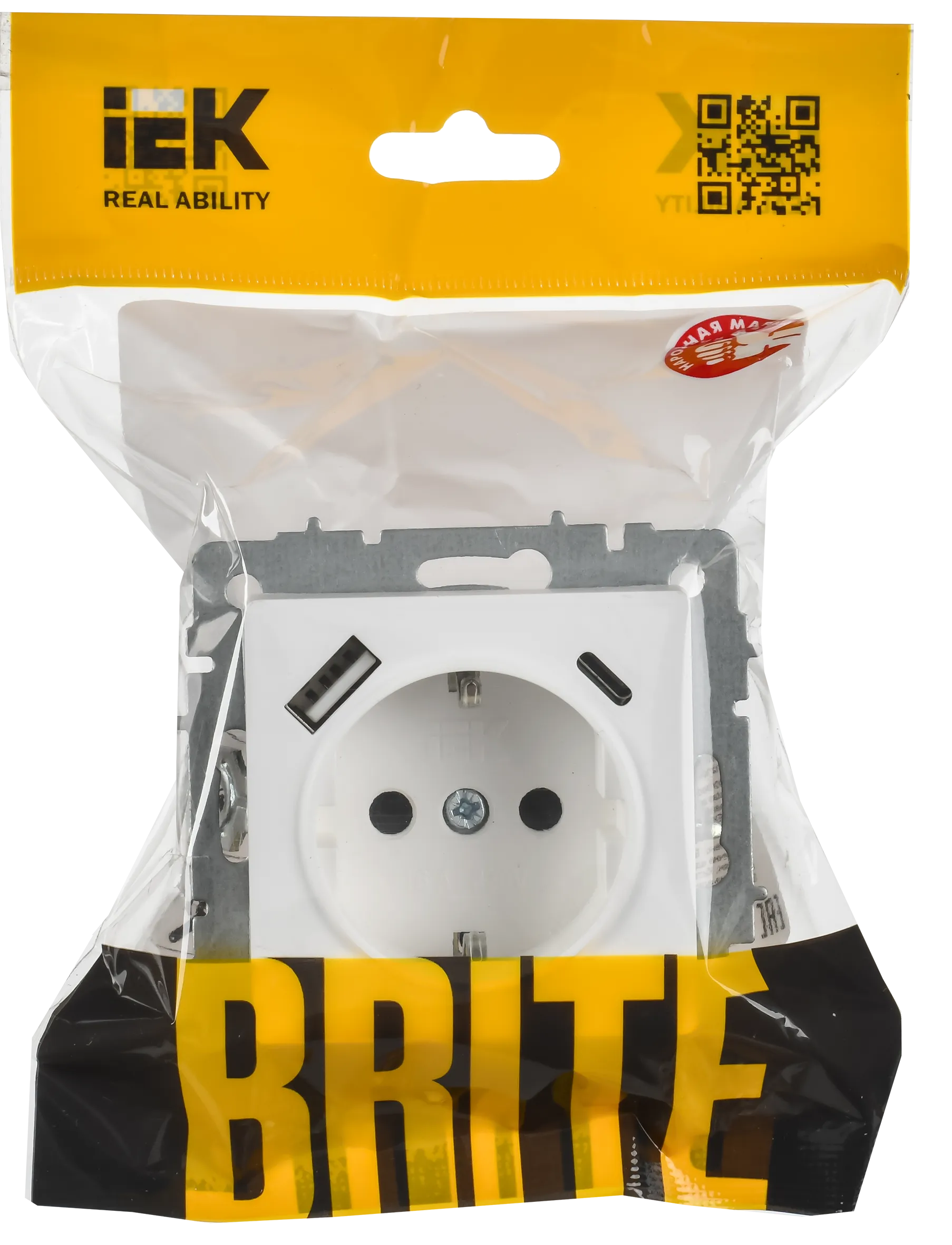 BRITE Розетка 1-местная с заземлением с защитными шторками 16А с USB A+C 18Вт РЮш11-1-БрАБ арктический белый IEK - Фото 2