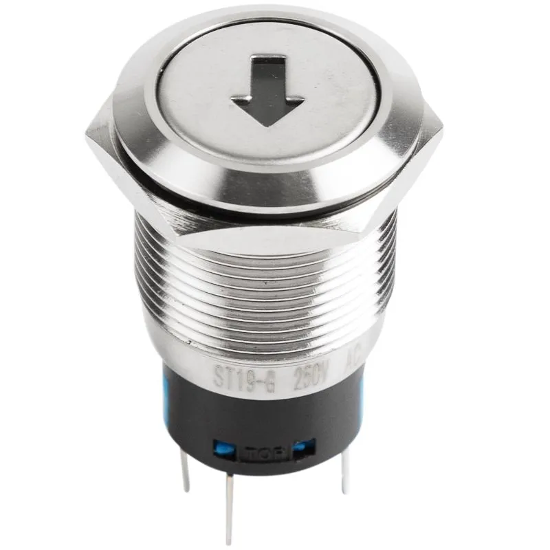 Кнопка  антивандальная Ø19 250В Б/Фикс (5с) OFF-(ON) / ON-(OFF) плоская подсв/зеленая СТРЕЛКА REXANT