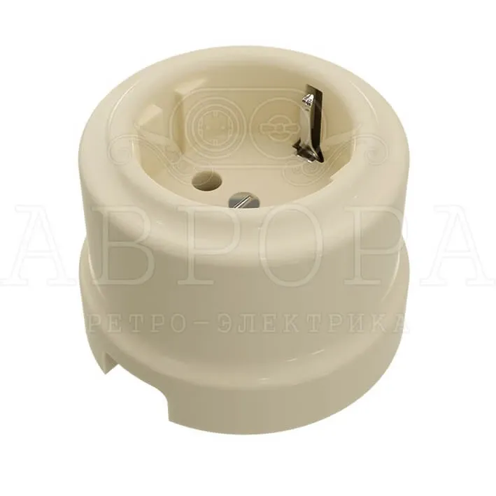 Розетка ретро с заземляющим контактом, цвет - слоновая кость