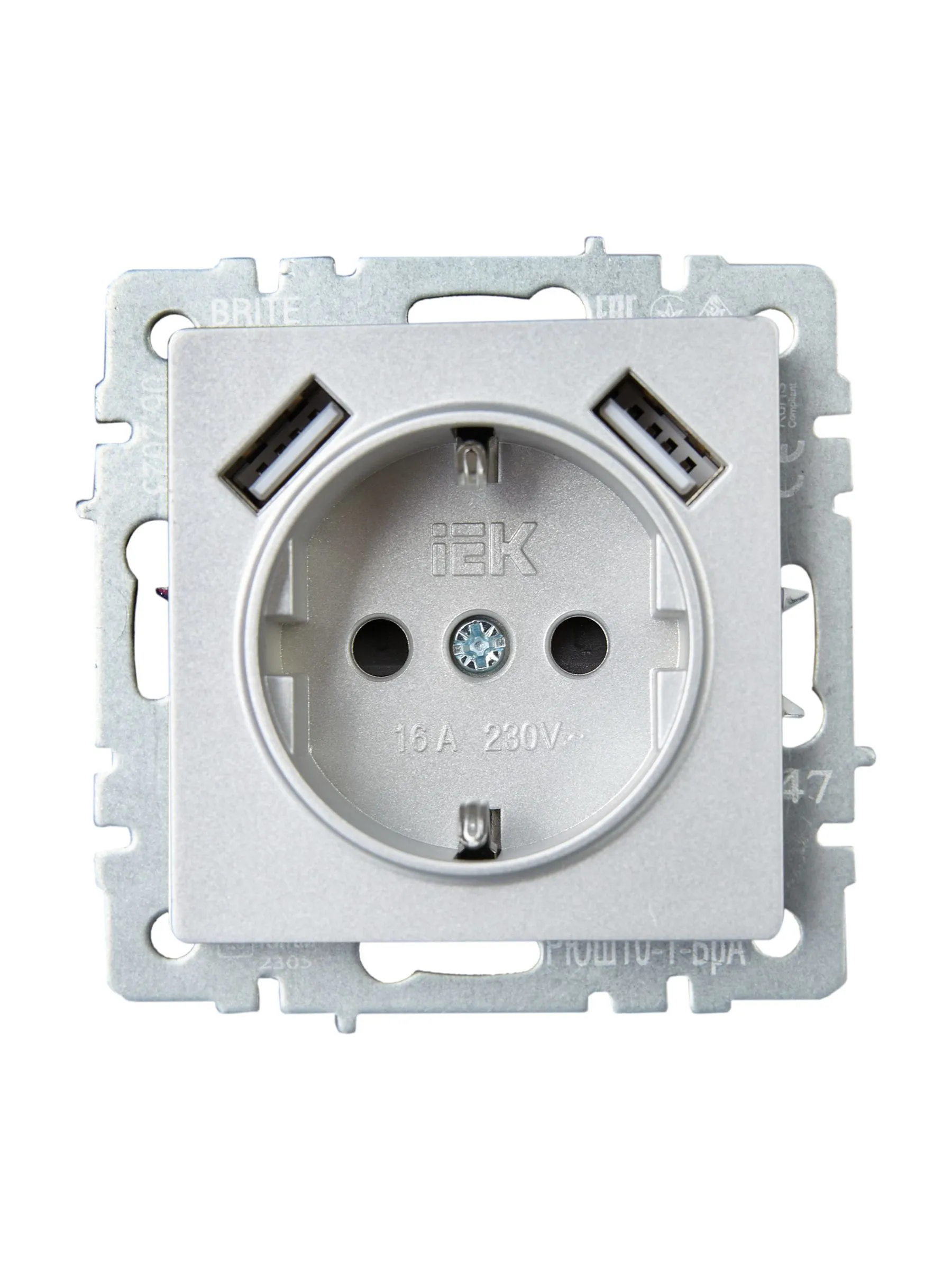 BRITE Розетка 1-местная с заземлением с защитными шторками 16А с USB A+A 5В 2,1А РЮш10-1-БрА алюминий IEK - Фото 3