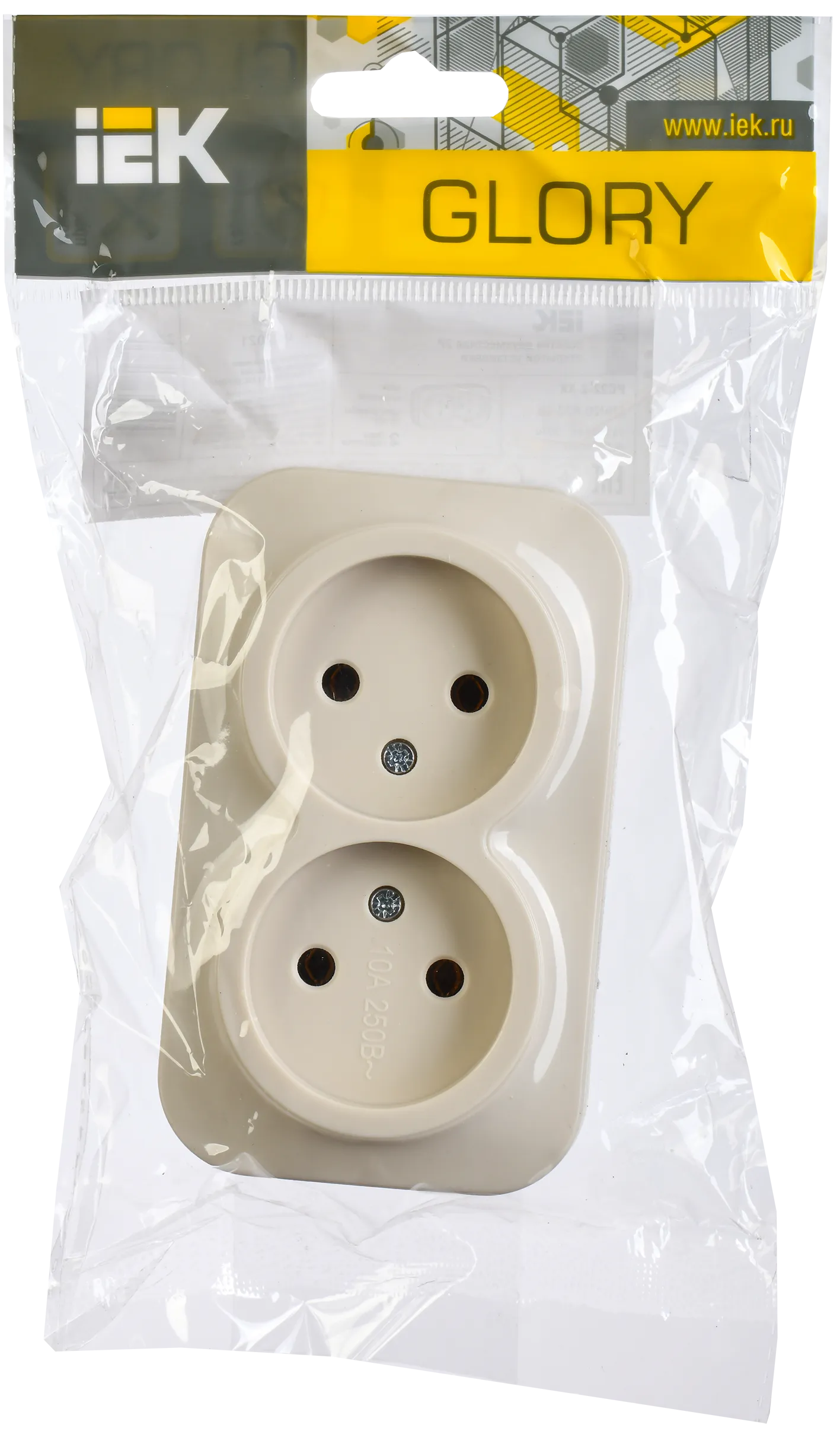 GLORY Розетка 2-местная для открытой установки без заземления без защитных шторок 10А РС22-2-ХК кремовый IEK - Фото 2