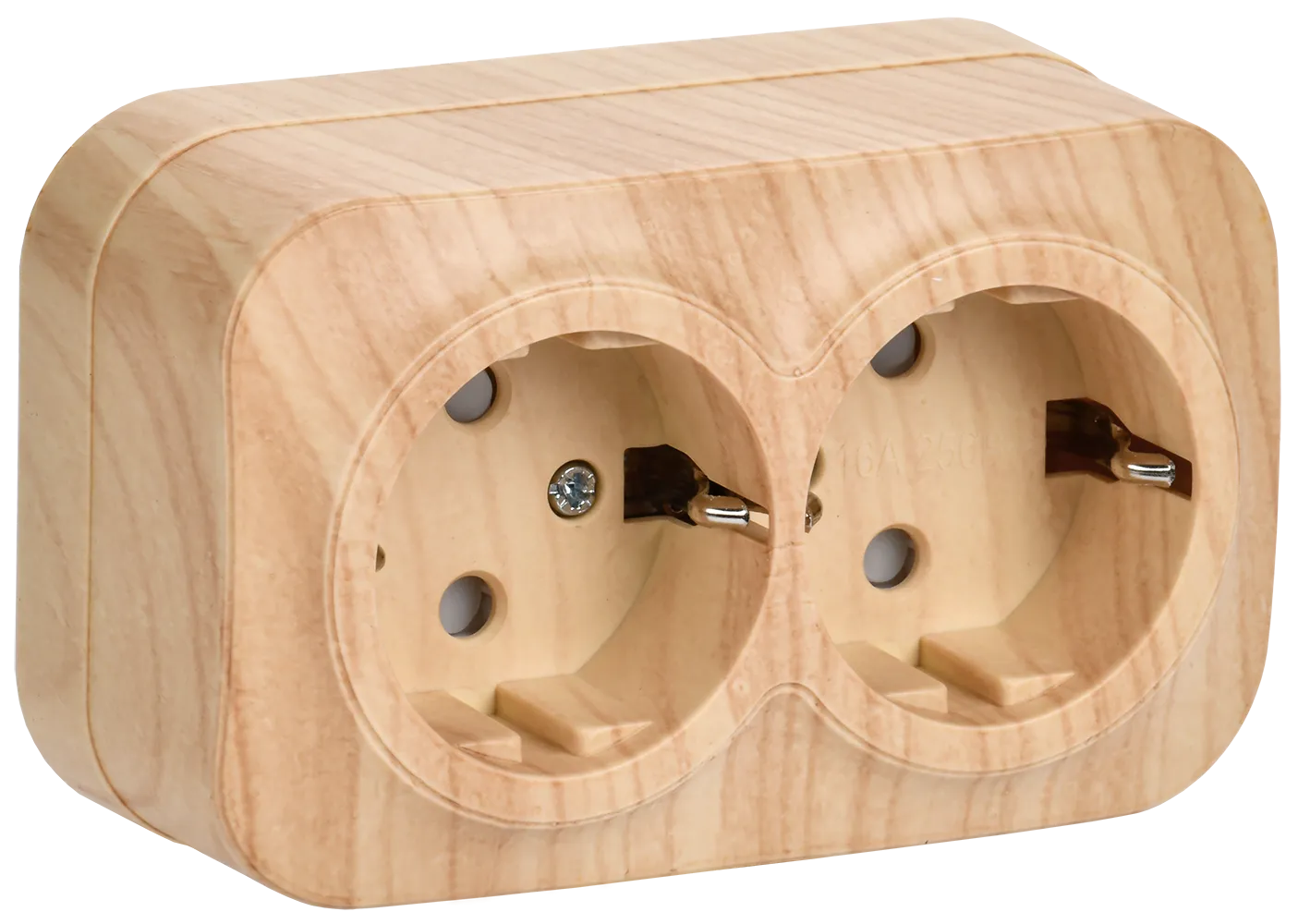 GLORY Розетка 2-местная для открытой установки с заземлением с защитными шторками 16А РСш22-3-ХС сосна IEK ERH24-K34-16