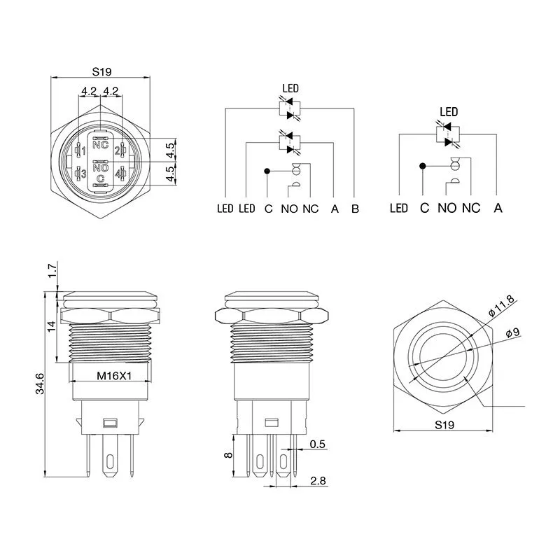 Кнопка антивандальная Ø16 12В(LED) Б/Фикс (5с) OFF-(ON)/ON-(OFF) плоская подсв/синяя POWER (A-16-F5) - Фото 4