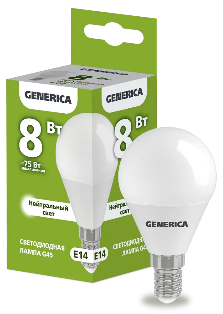 Лампа светодиодная G45 шар 8Вт 230В 4000К E14 GENERICA