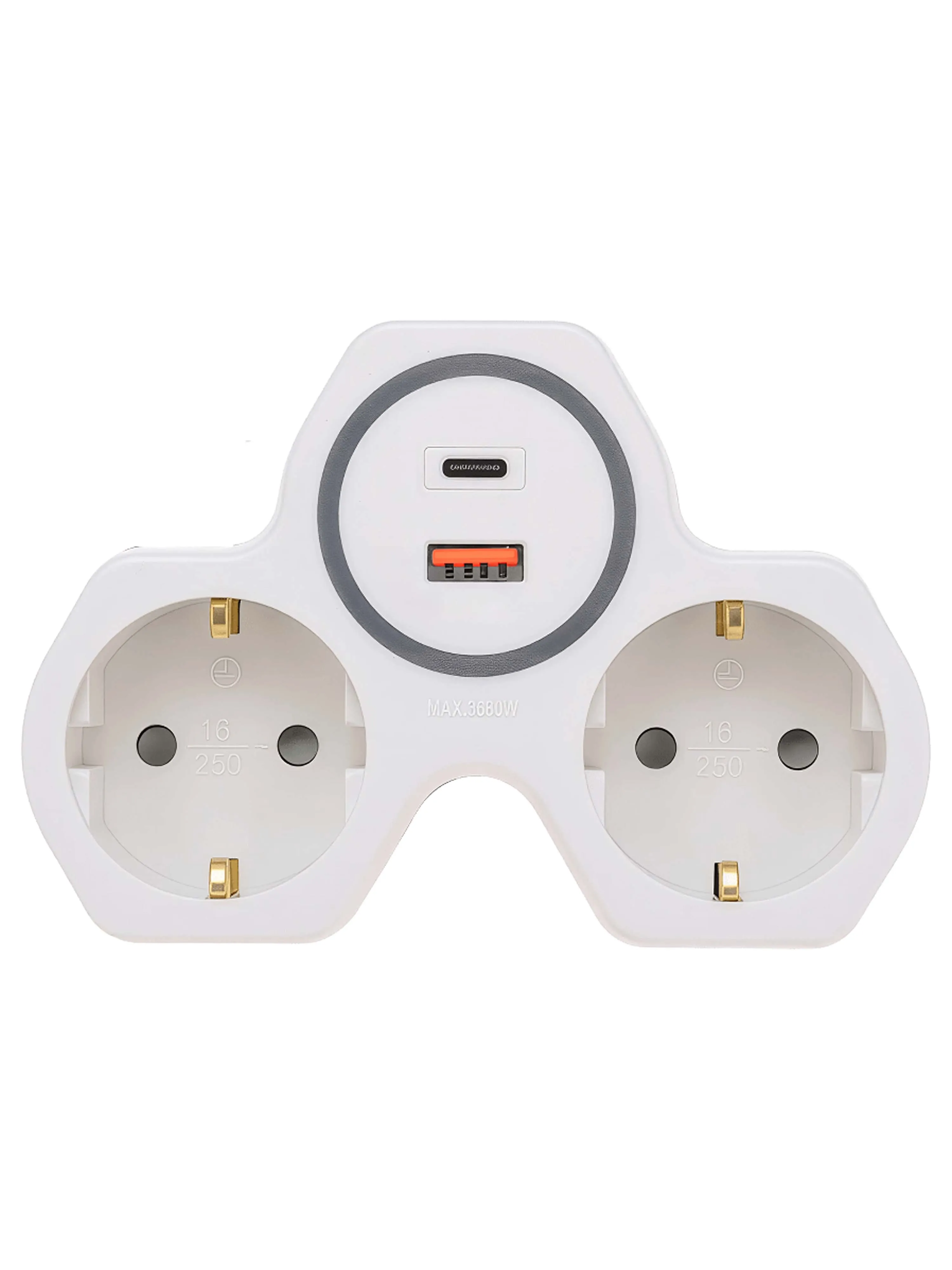 Сетевой разветвитель 2 гнезда с/з, с защитными шторками, 16A, 250V + 2 USB A+C, PD20W, QC18W, белый DEKRON для электропроводки - Фото 2