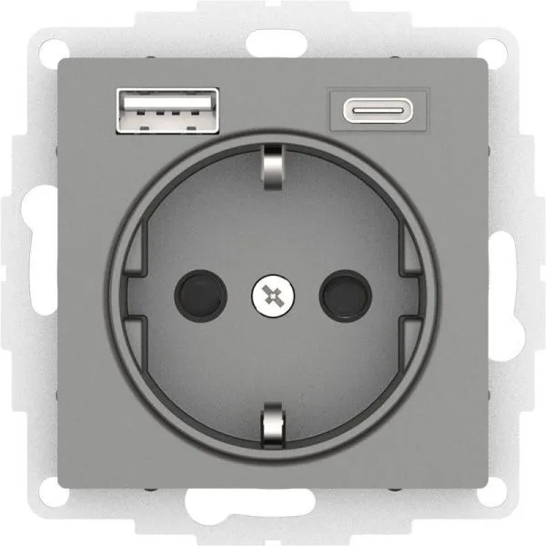 Розетка 3-м СП AtlasDesign 16А IP20 с 2-мя заряд. устройствами USB тип A+C механизм сталь SE ATN0009