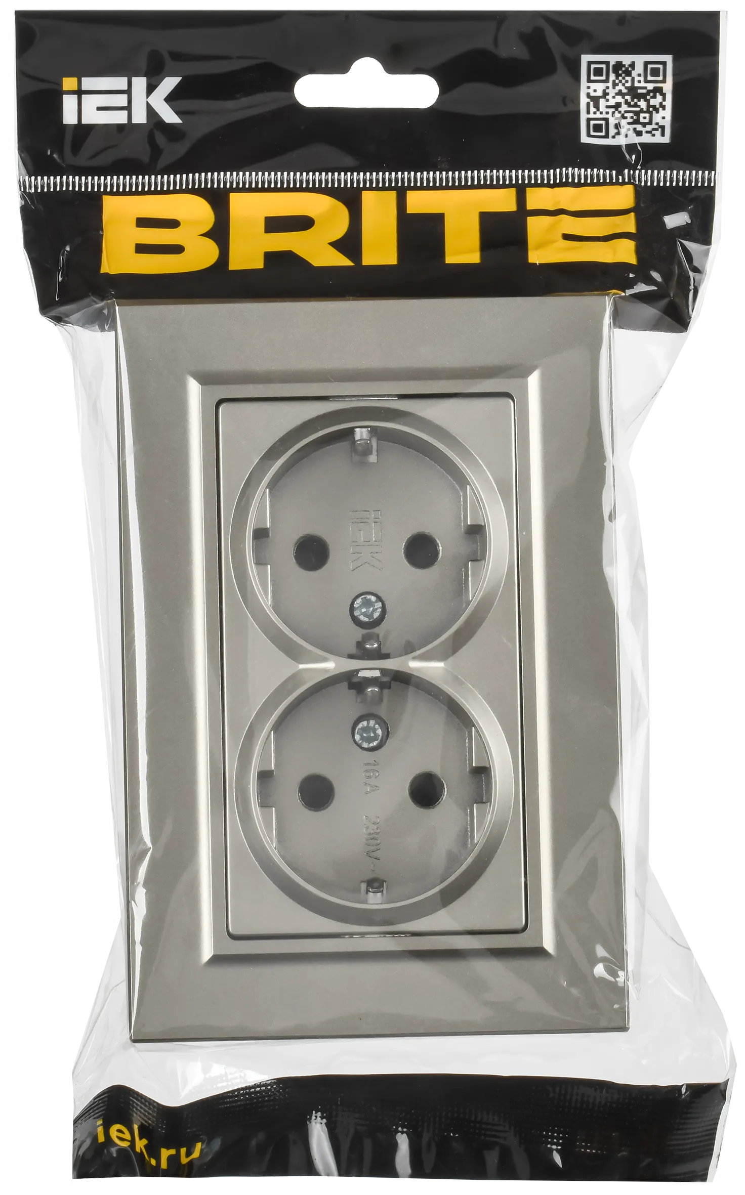 BRITE Розетка 2-местная с заземлением с защитными шторками плоская 16А в сборе РСшПл12-3-БрШ шампань IEK - Фото 2