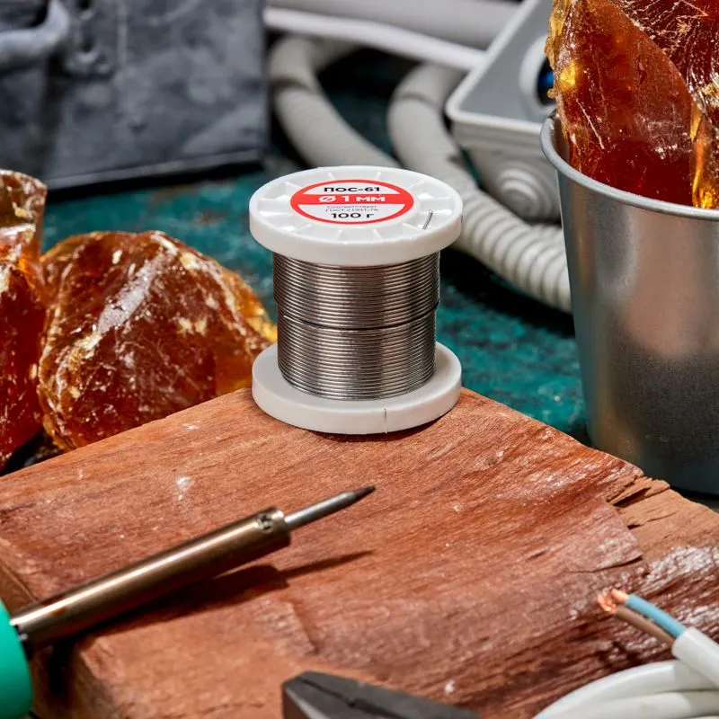 Припой с канифолью ПОС-61, 100г, Ø1мм, (олово 61%, свинец 39%), катушка REXANT - Фото 2