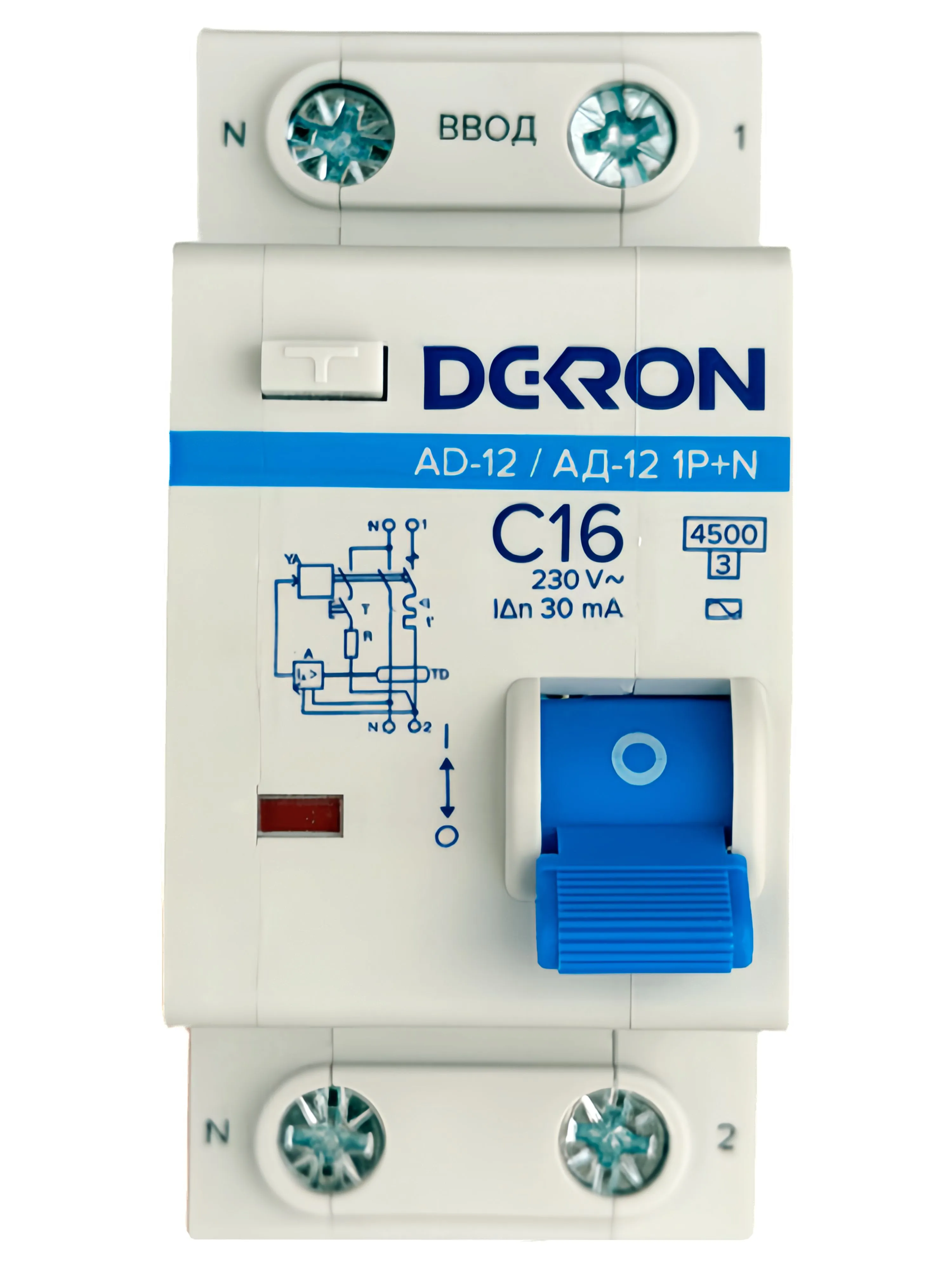 Автоматический выключатель дифференциального тока АД12 1P+N С16A АС30мА 4.5KA ad12-2-C16-30AC-dek