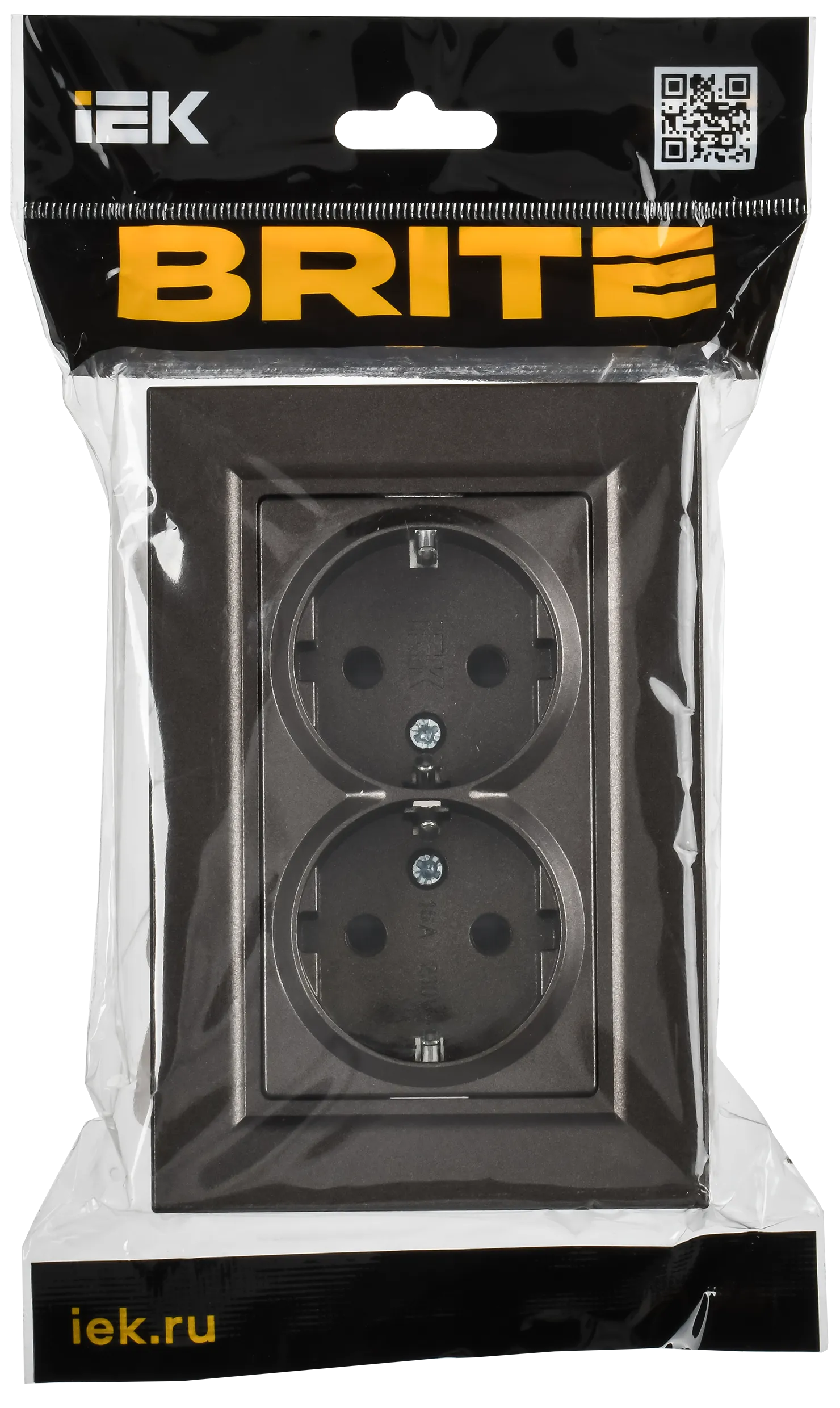 BRITE Розетка 2-местная с заземлением с защитными шторками плоская 16А в сборе РСшПл12-3-БрТБ темная бронза IEK - Фото 2