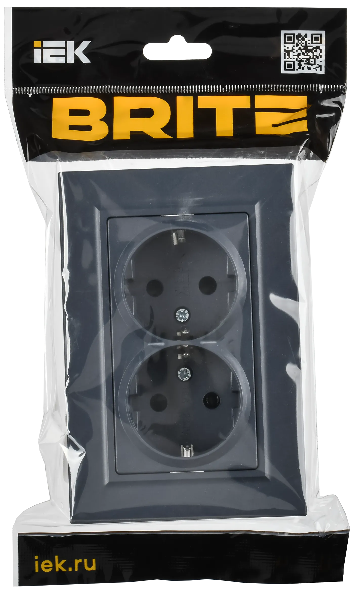 BRITE Розетка 2-местная с заземлением с защитными шторками плоская 16А в сборе РСшПл12-3-БрМ маренго IEK - Фото 2