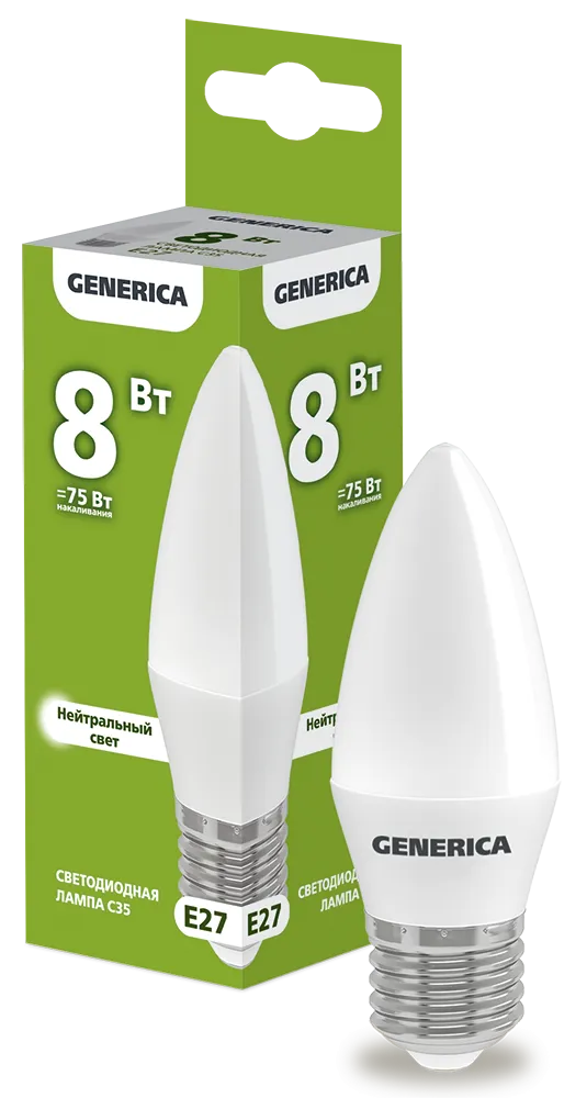 Лампа светодиодная C35 свеча 8Вт 230В 4000К E27 GENERICA