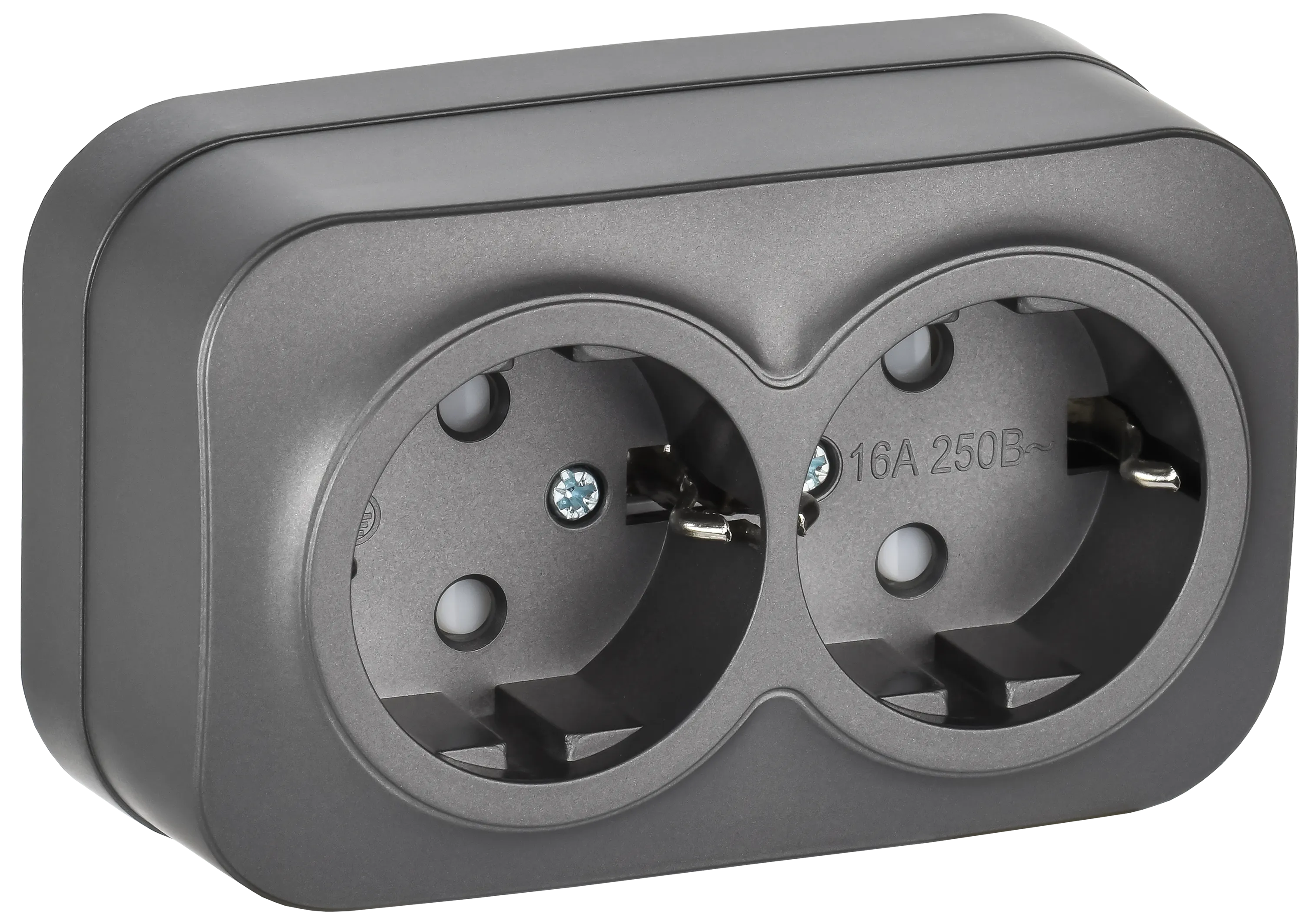 GLORY Розетка 2-местная для открытой установки с заземлением с защитными шторками 16А РСш22-3-ХСм сталь матовый IEK ERH24-K46M-16