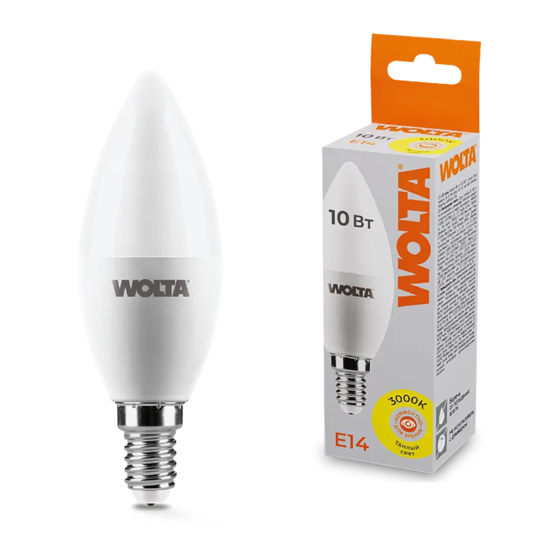 Лампа светодиодная "Свеча-C37" 10Вт 800лм 3000К Е14 (50шт/уп) WOLTA