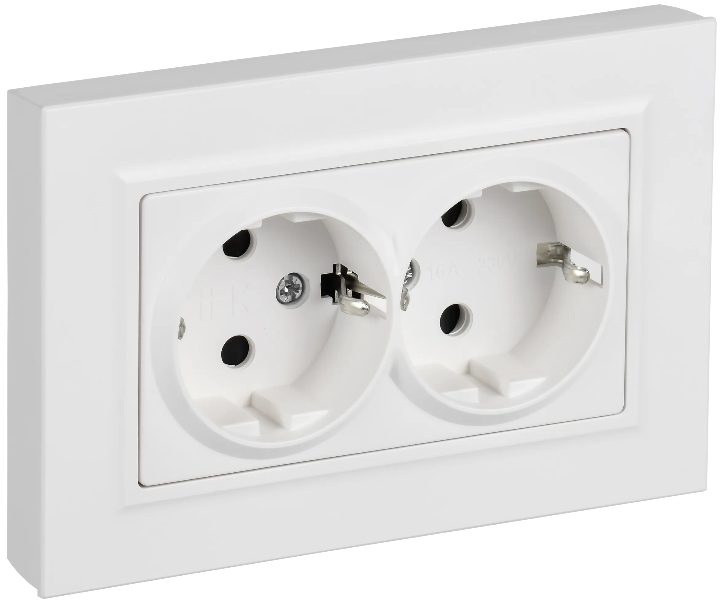 BRITE Розетка 2-местная с заземлением с защитными шторками плоская 16А в сборе РСшПл12-3-БрАБ арктический белый IEK BR-R28-16-K91-F