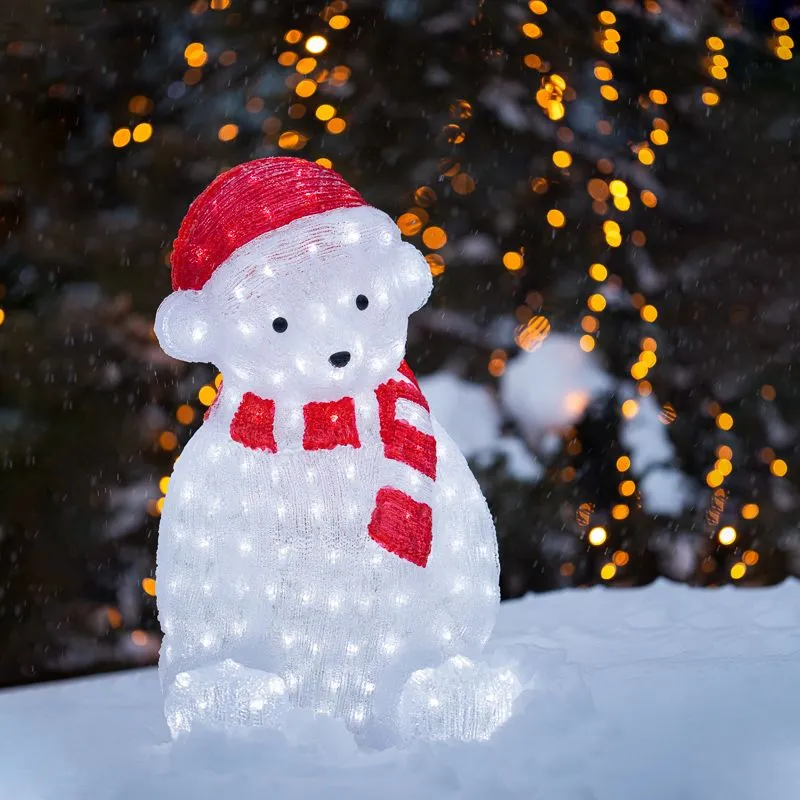 Акриловая светодиодная фигура Медвежонок в красном колпаке 56 см, 200 светодиодов, IP 65, понижающий - Фото 2