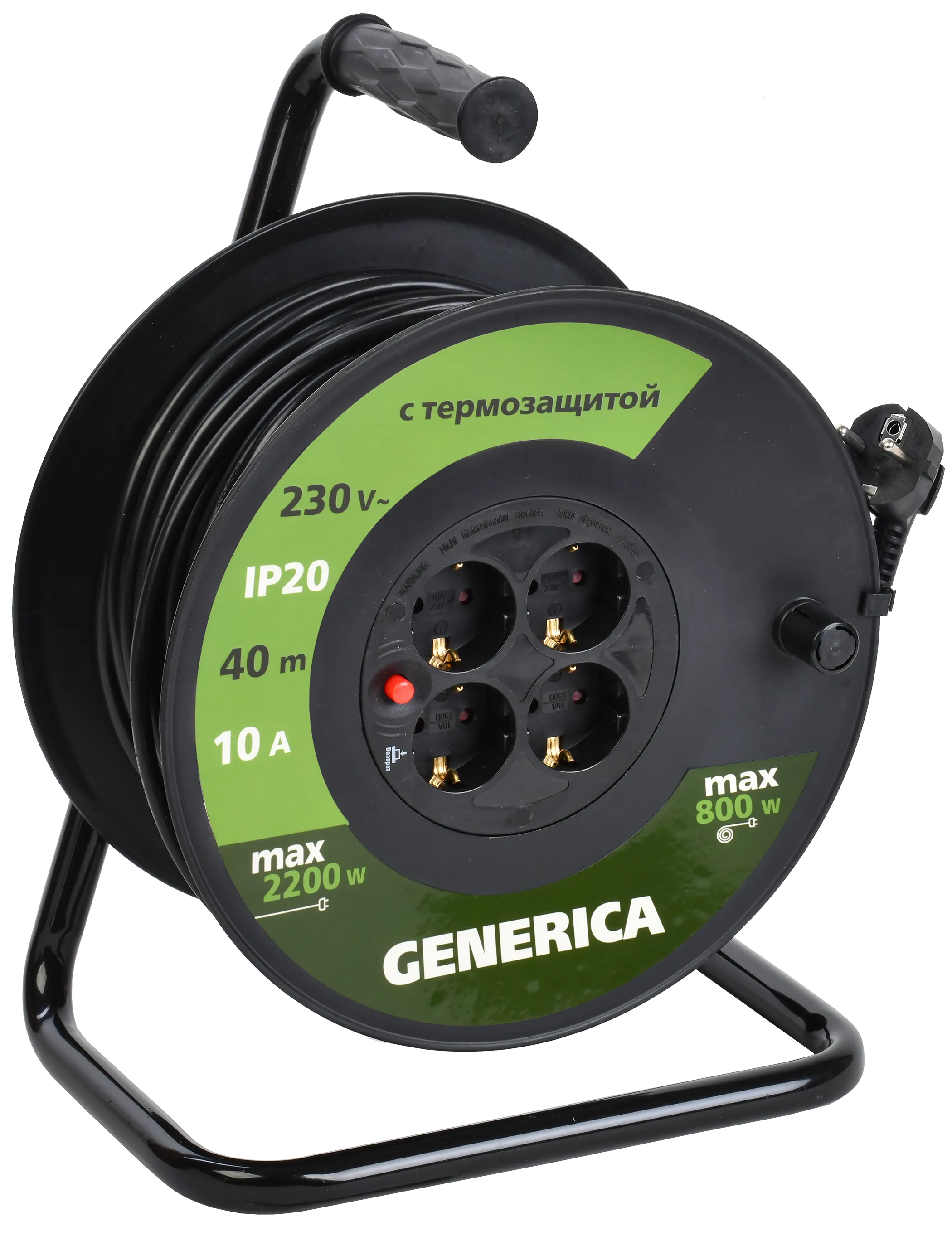 Катушка УК40 с термозащитой 4 места 2P+PE/40м 3х1,0мм2 GENERICA WKP10-10-04-40-G