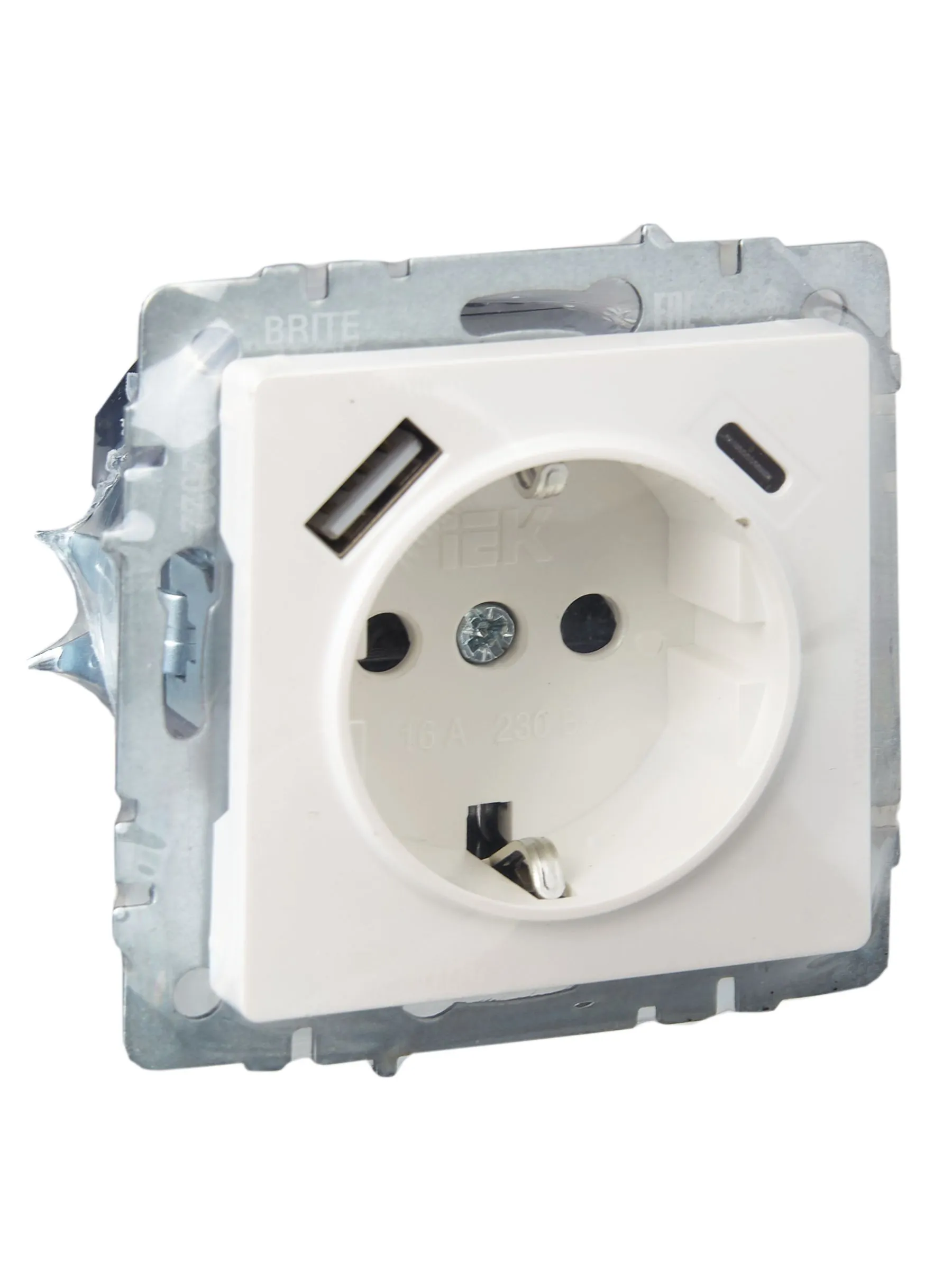 BRITE Розетка 1-местная с заземлением с защитными шторками 16А с USB A+C 18Вт РЮш11-1-БрЖ жемчуг IEK - Фото 5