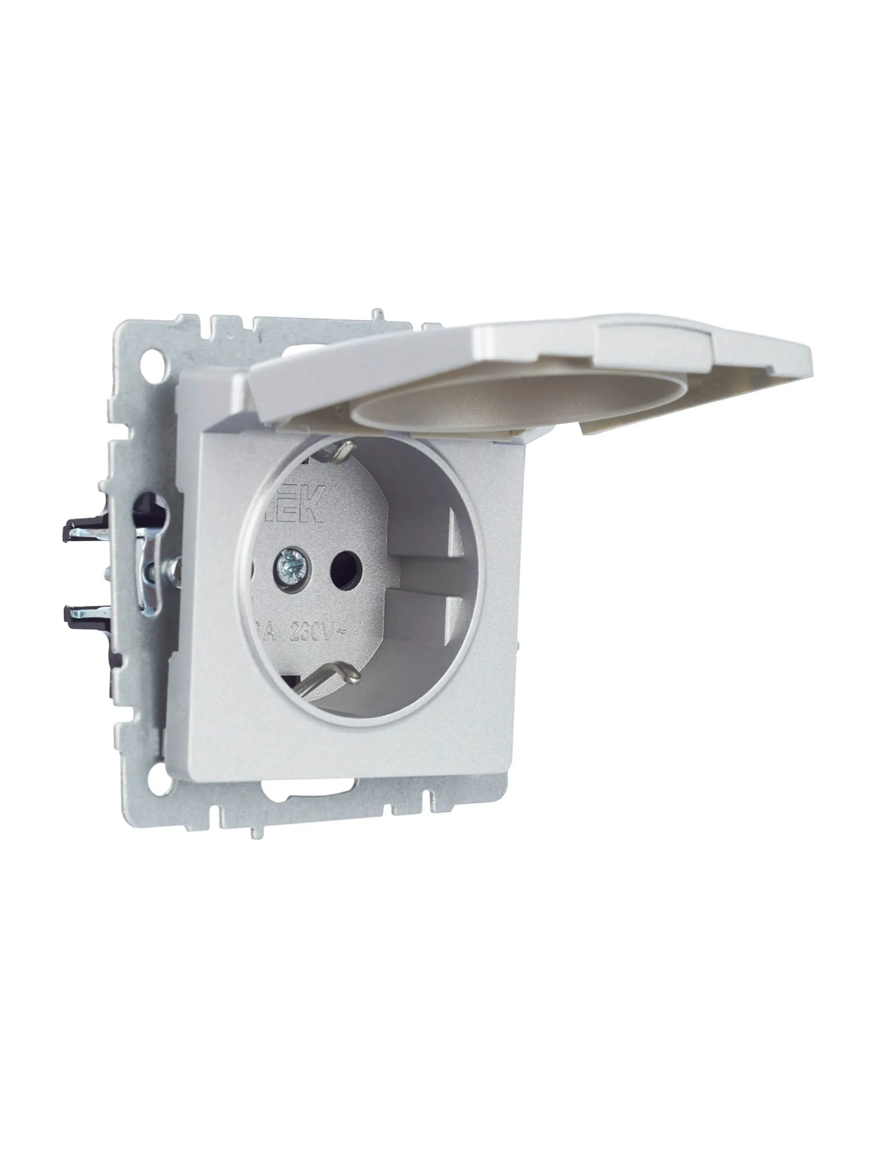 BRITE Розетка 1-местная с заземлением с защитными шторками и крышкой 16А IP20 РСбш10-3-БрА алюминий IEK - Фото 4