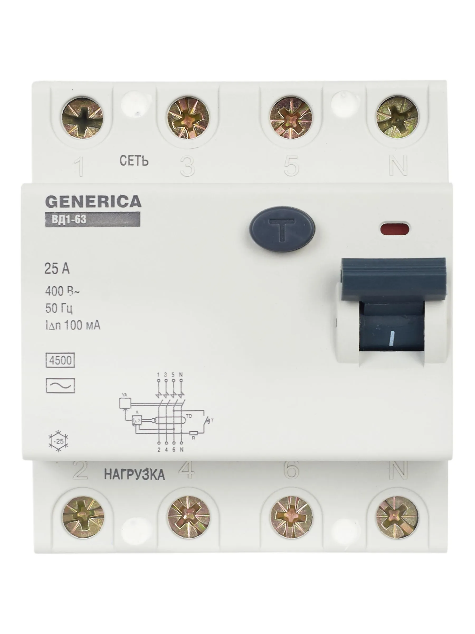 Выключатель дифференциальный (УЗО) ВД1-63 4Р 25А 100мА GENERICA - Фото 6