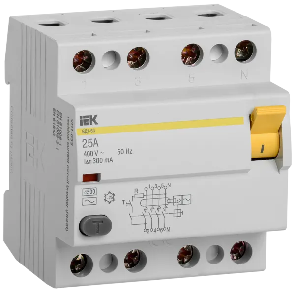 Выключатель дифференциальный (УЗО) ВД1-63 4Р 25А 300мА IEK