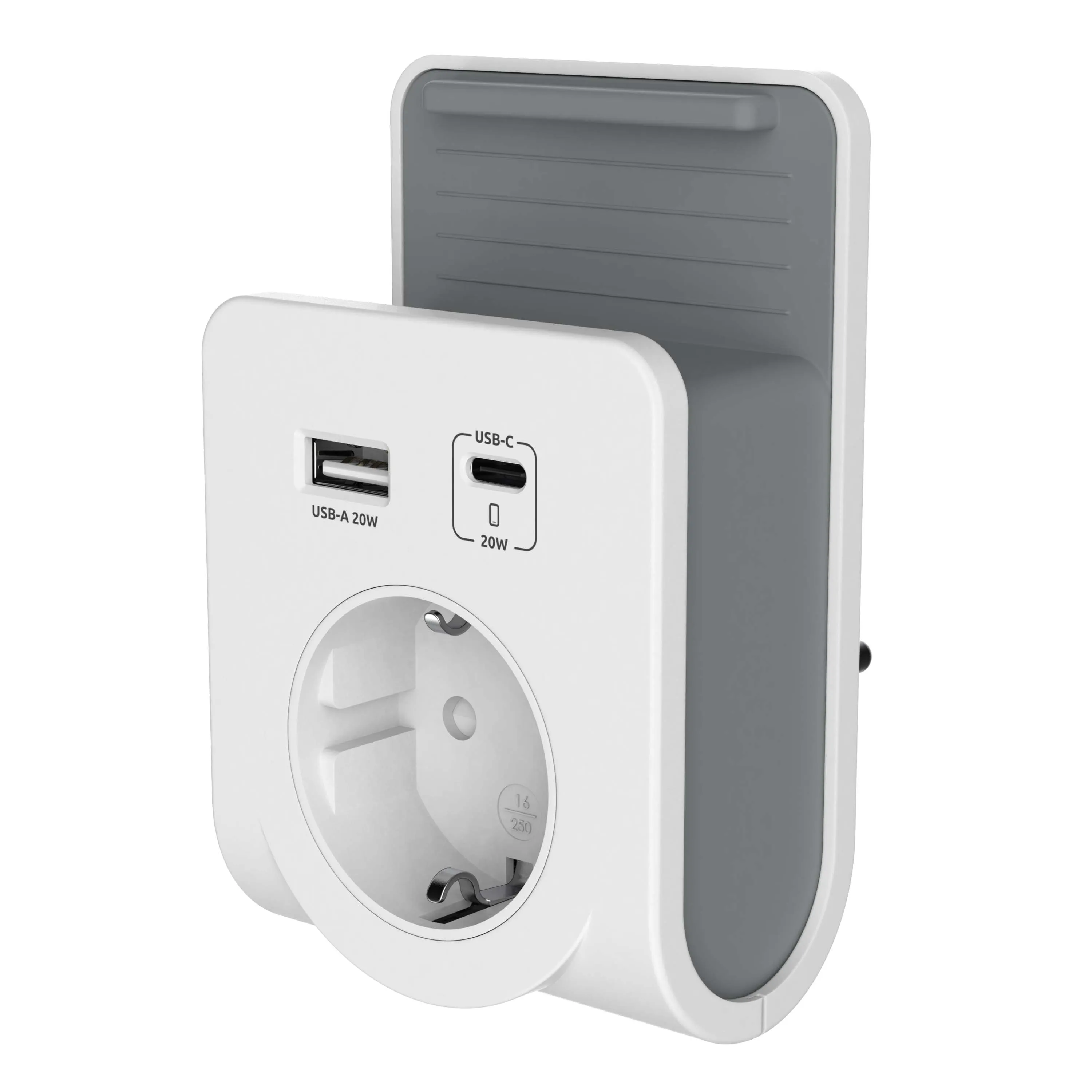 Сетевой разветвитель 1 гнездо с/з и защитными шторками + 2 USB A+C, с консолью для беспроводной зарядки, 230V, 16A, бело-серый DEKRON