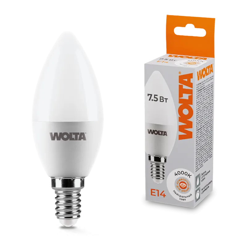 Лампа светодиодная "Свеча-C37" 7.5Вт 450лм 4000К Е14 (50шт/уп) WOLTA