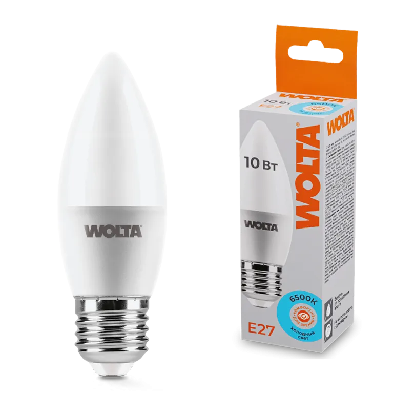 Лампа светодиодная "Свеча-C37" 10Вт 800лм 6500К Е27 (50шт/уп) WOLTA