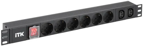ITK PDU 6 розеток немецкий стандарт + 2 С13 c LED выключателем 1U вход С14 без кабеля алюминиевый профиль