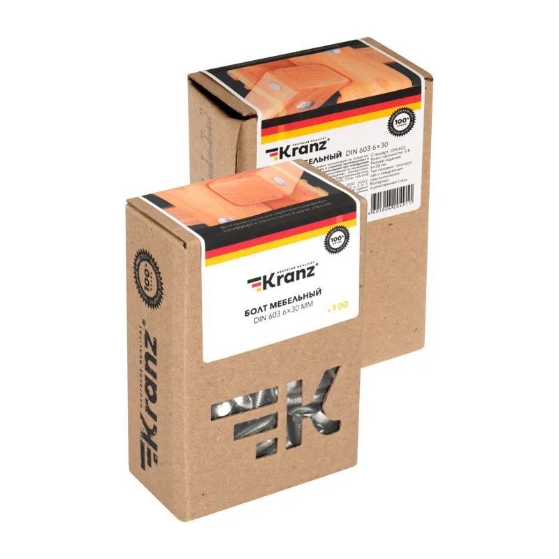 Болт мебельный KRANZ DIN 603, 6х30, короб (100 шт./уп.) - Фото 3