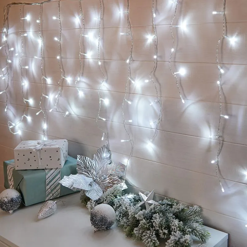 Гирлянда светодиодная Бахрома 3*0,8 м 200 LED БЕЛЫЕ, прозрачный ПВХ 255-065
