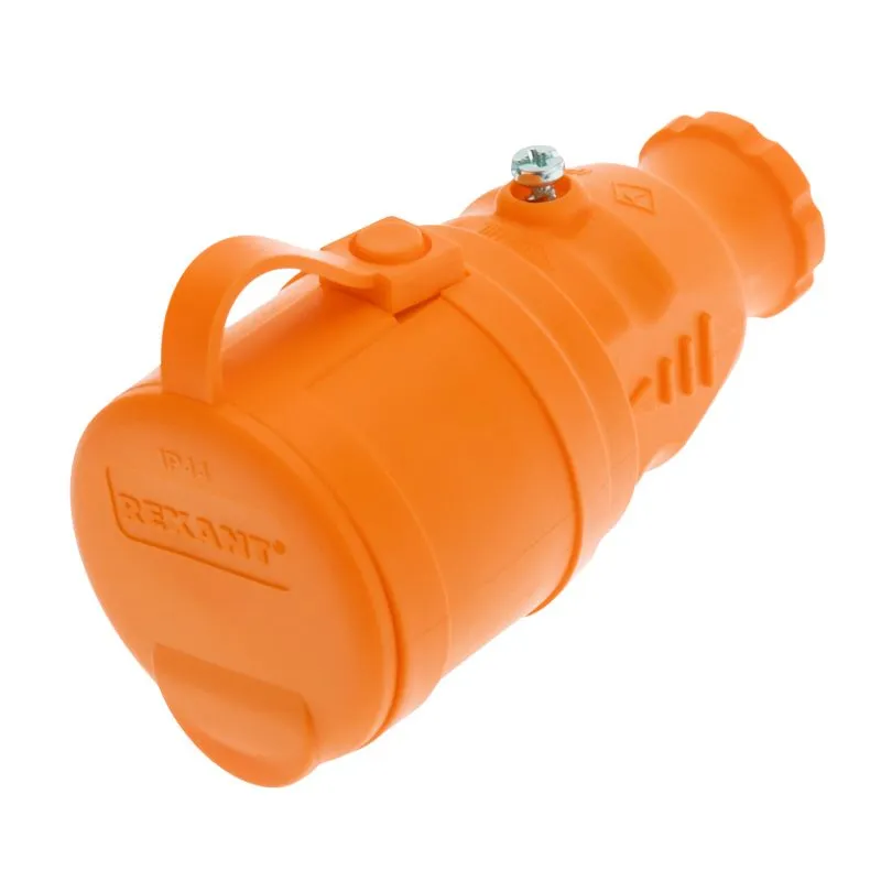 Розетка влагозащищенная переносная с крышкой 1 гнездо, с/з, 16А, IP54, каучук, оранжевая REXANT