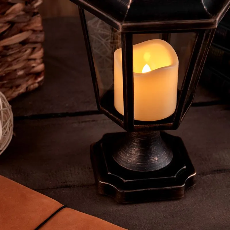Декоративный фонарь на подставке со свечкой, бронзовый корпус, размер 14,5х17х31см, цвет теплый белый - Фото 4