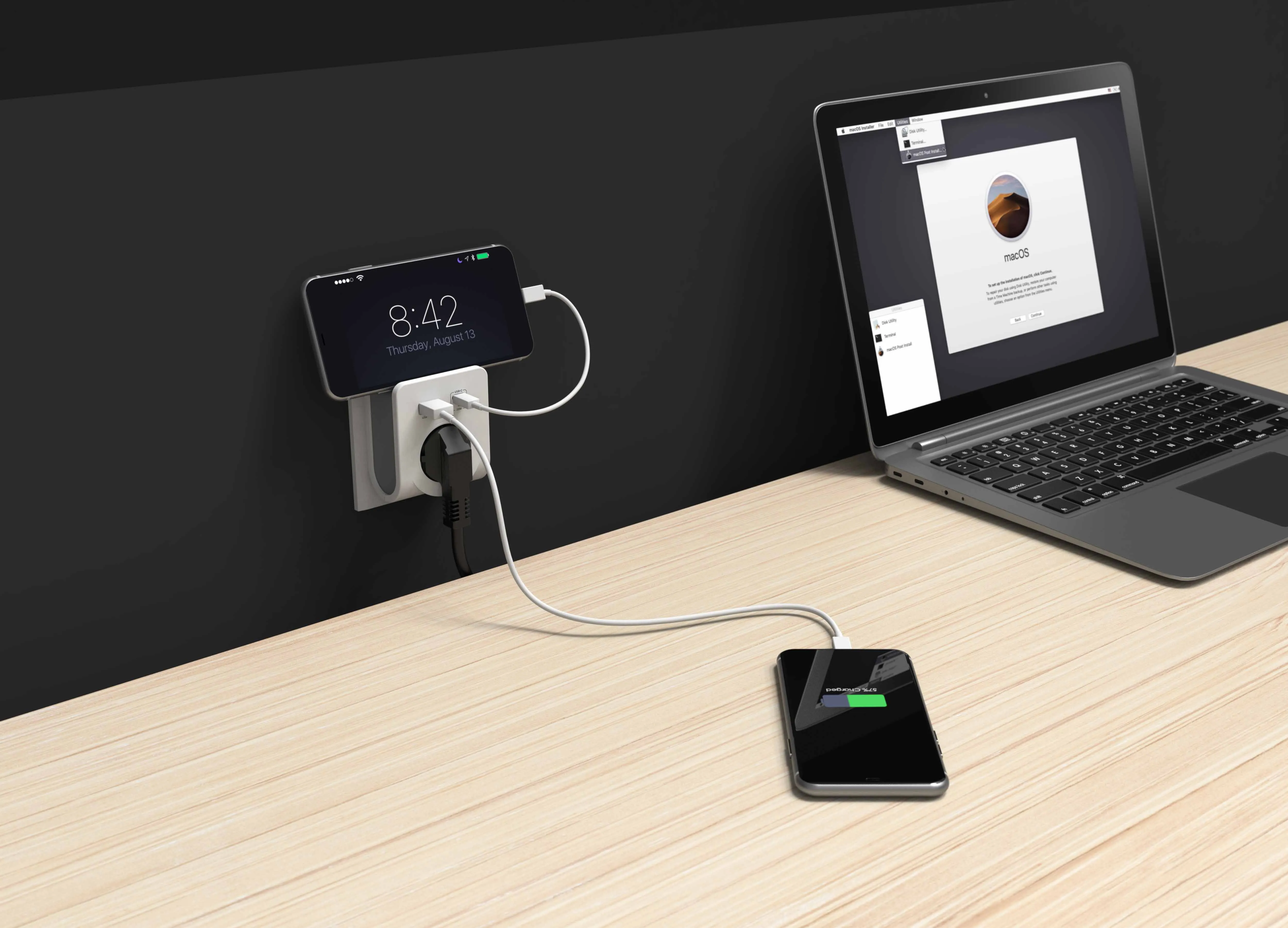 Сетевой разветвитель 1 гнездо с/з и защитными шторками + 2 USB A+C, с консолью для беспроводной зарядки, 230V, 16A, бело-серый DEKRON - Фото 3