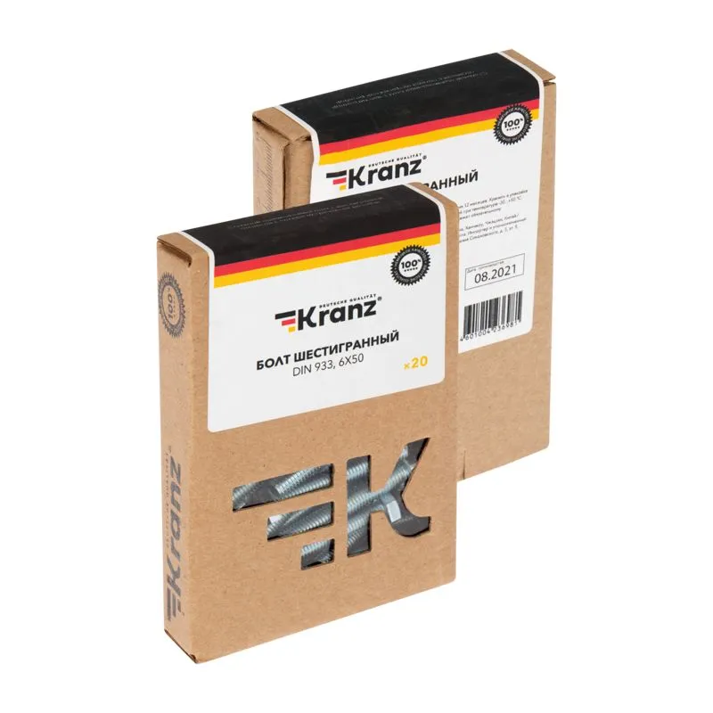 Болт шестигранный DIN 933, 6х50 короб (20 шт/уп) KRANZ - Фото 3