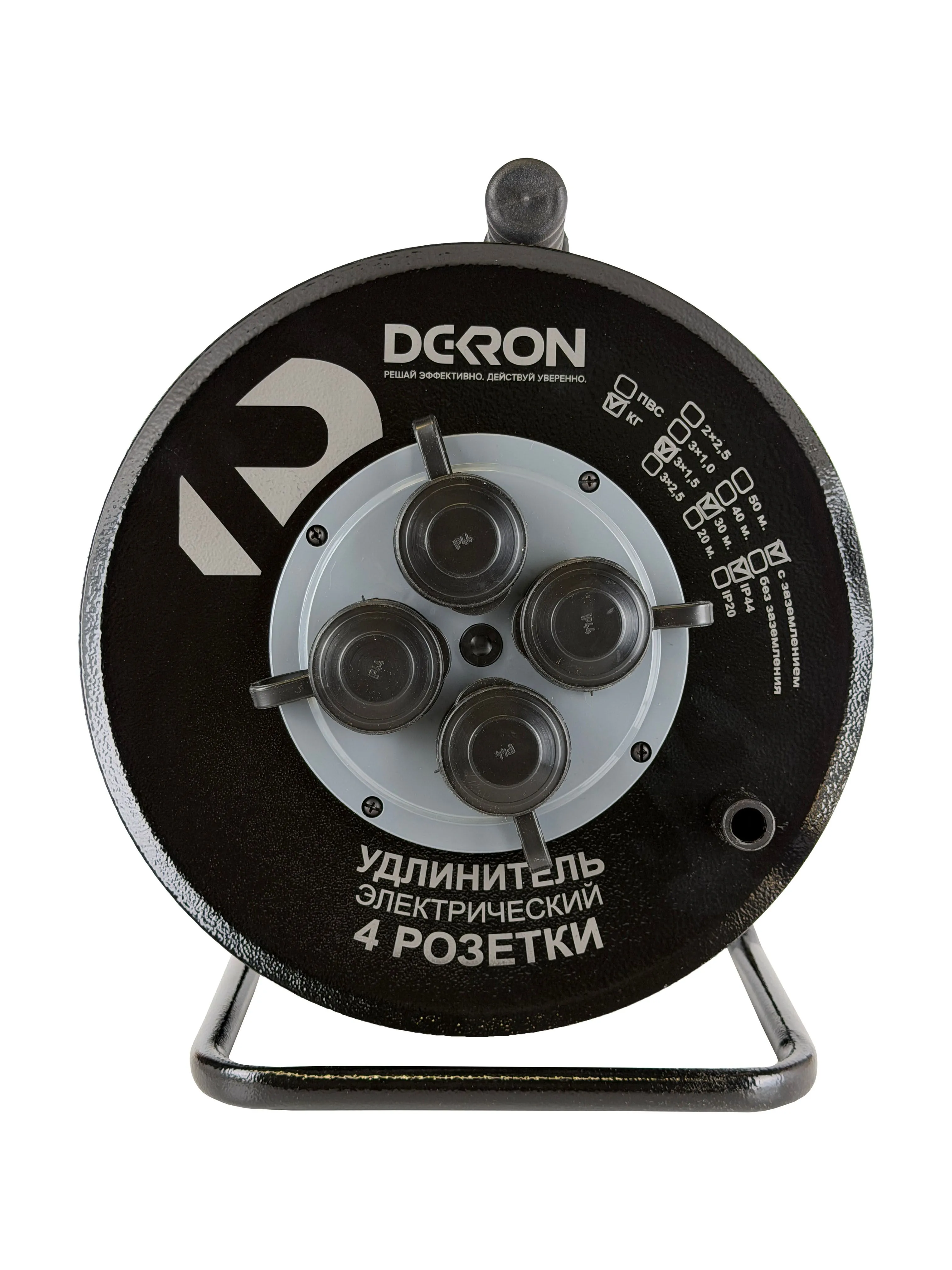 Удлинитель силовой КГ 3х1,5 30м, на катушке (металл), 4 гнезда с заземлением и крышками, 16А, IP44 DEKRON
