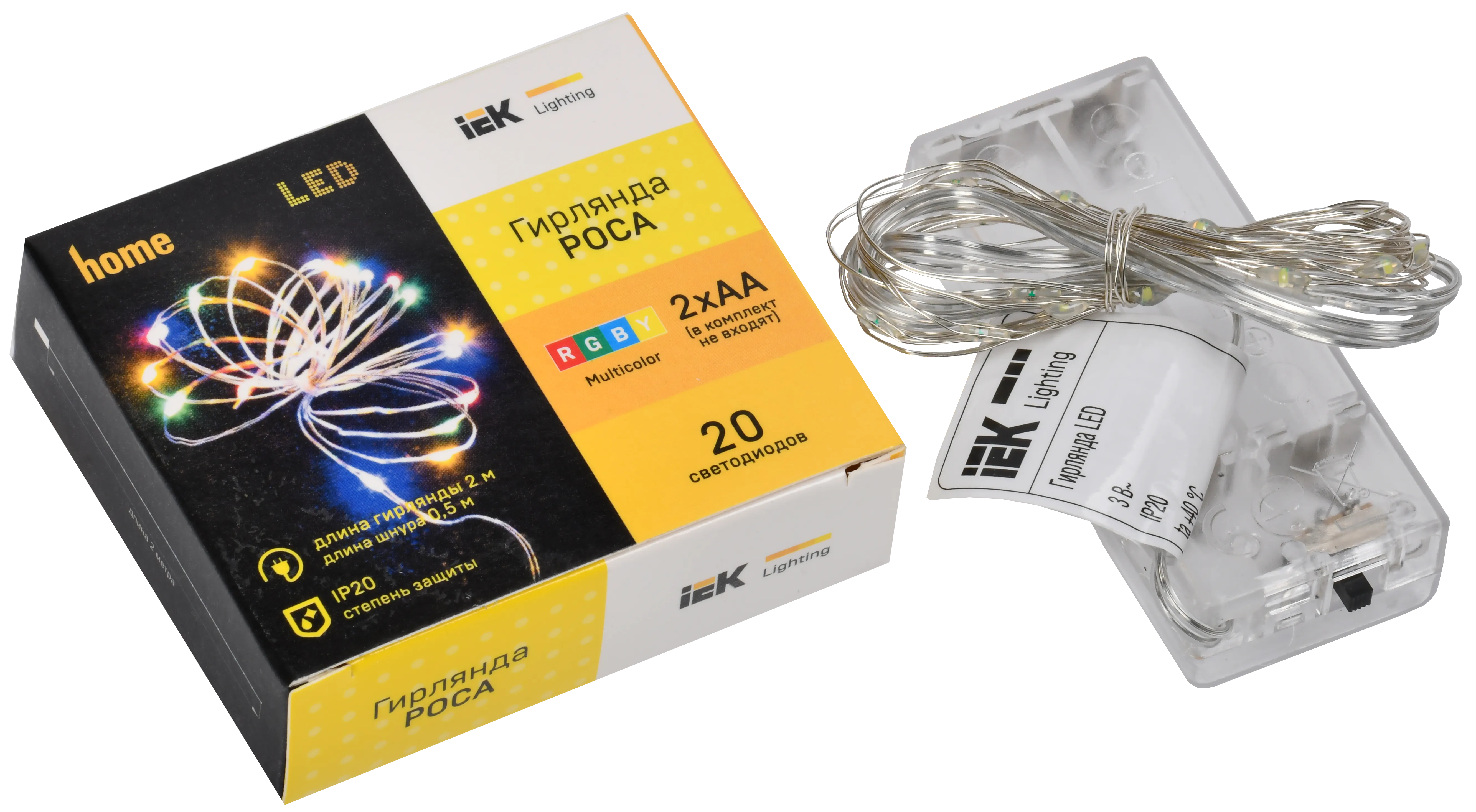 LIGHTING Гирлянда роса 2м 20 светодиодов RGBY IP20 прозрачный шнур 0,3м 2АА IEK - Фото 2