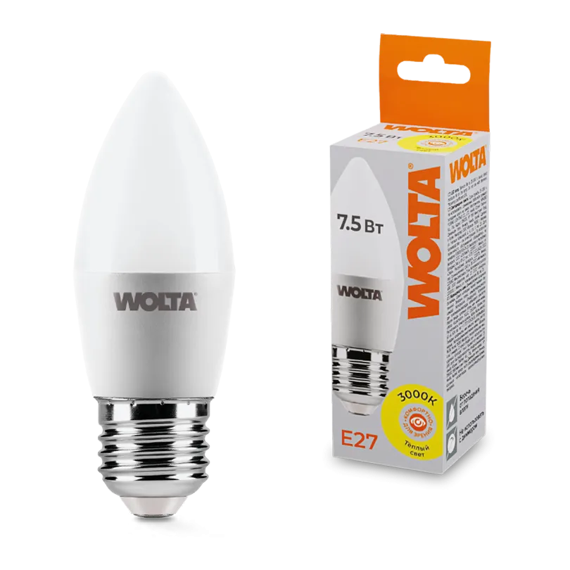 Лампа светодиодная "Свеча-C37" 7.5Вт 450лм 3000К Е27 (50шт/уп) WOLTA