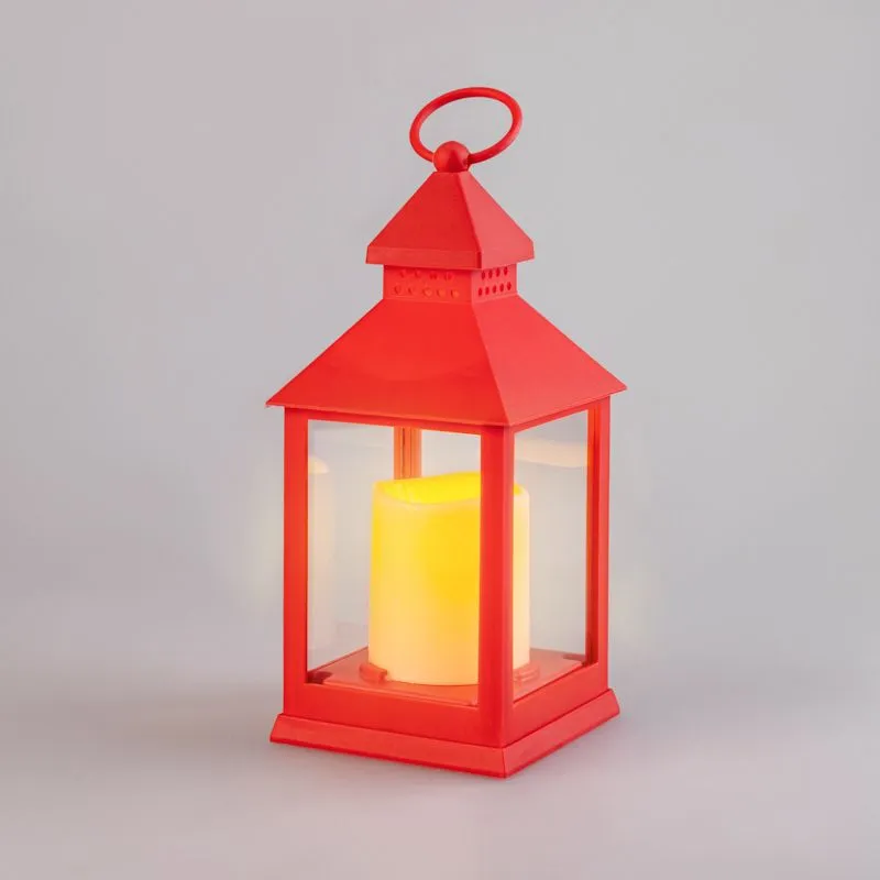 Декоративный фонарь со свечкой, красный корпус, размер 10,5х10,5х24см, цвет ТЕПЛЫЙ БЕЛЫЙ 513-059