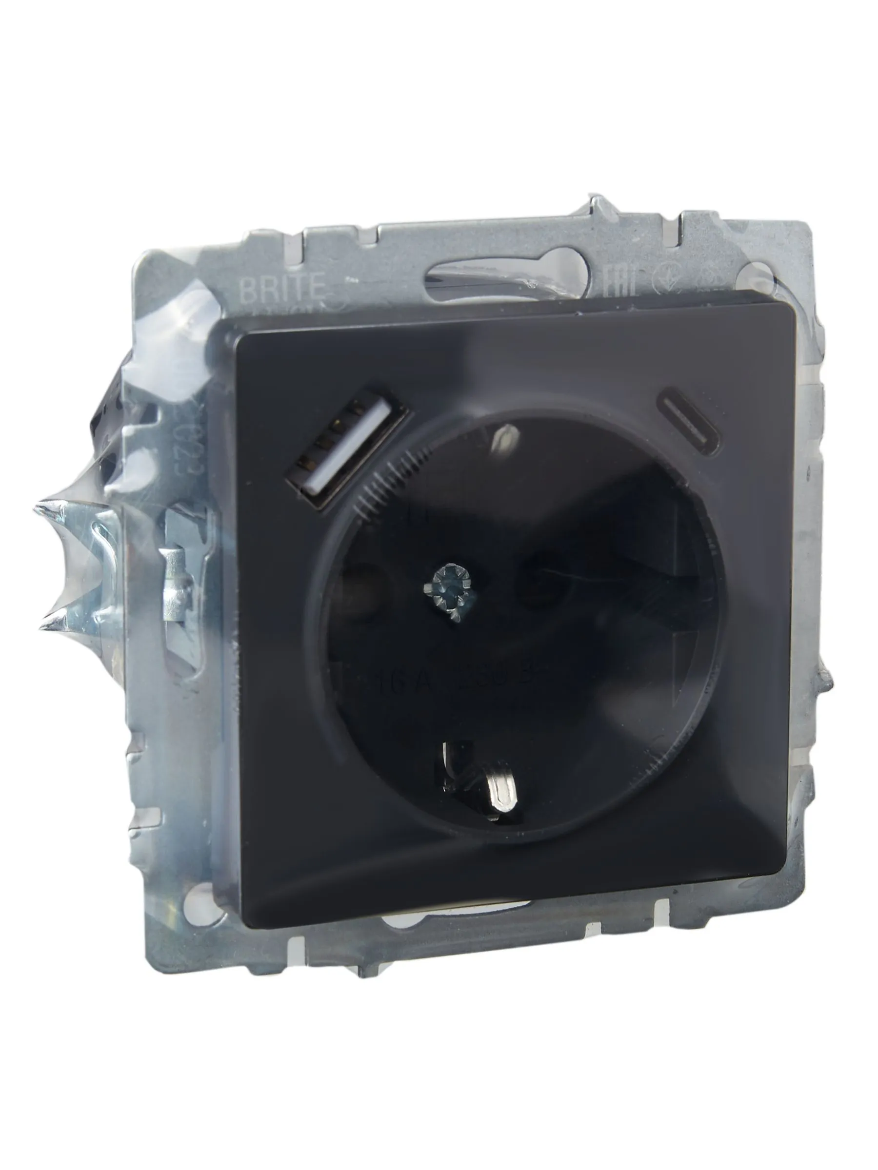 BRITE Розетка 1-местная с заземлением с защитными шторками 16А с USB A+C 18Вт РЮш11-1-БрГ графит IEK - Фото 4