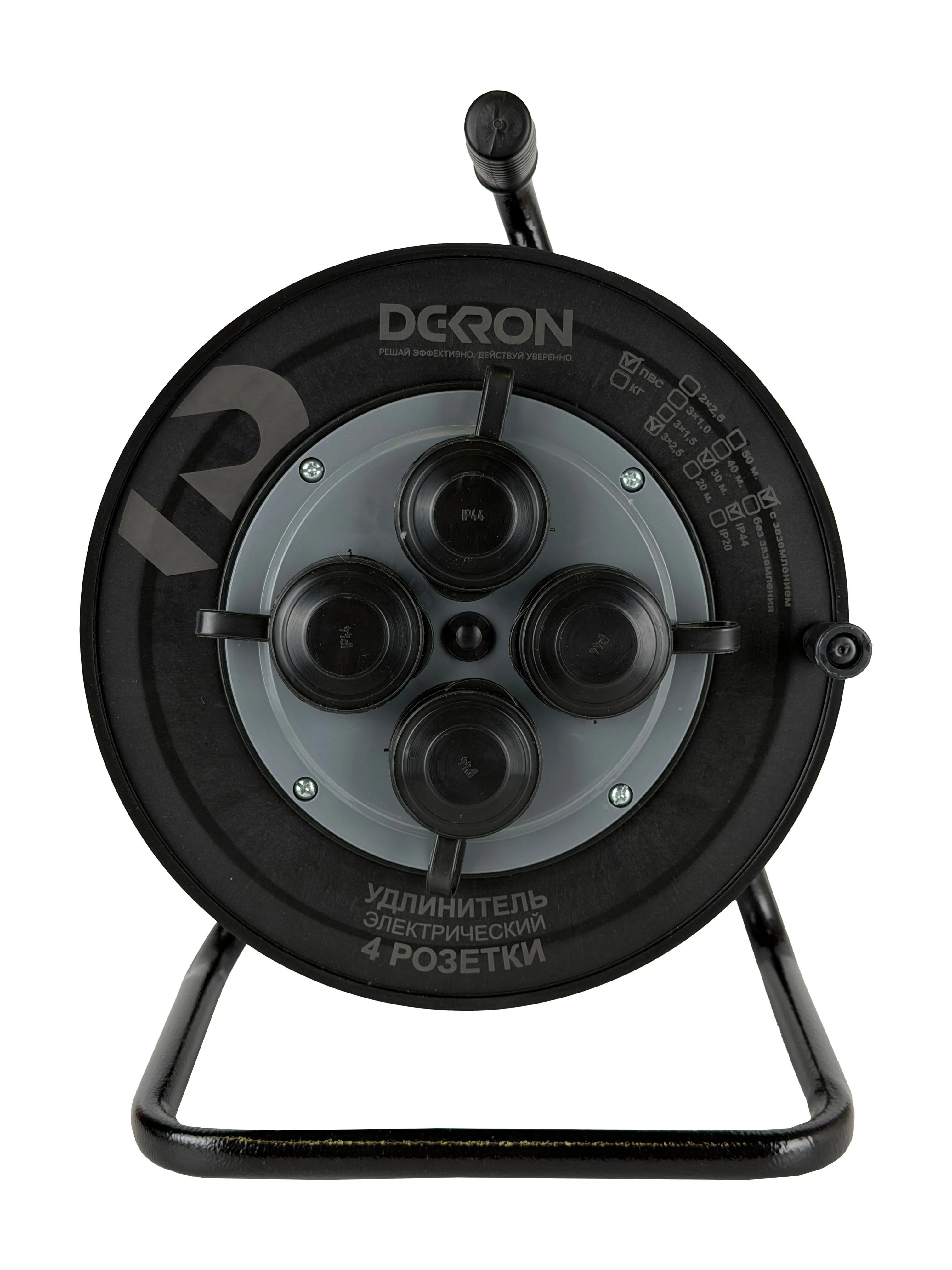 Удлинитель силовой ПВС 3х2,5 30м, на катушке (пластик), 4 гнезда с заземлением и крышками, 16А, IP44 DEKRON