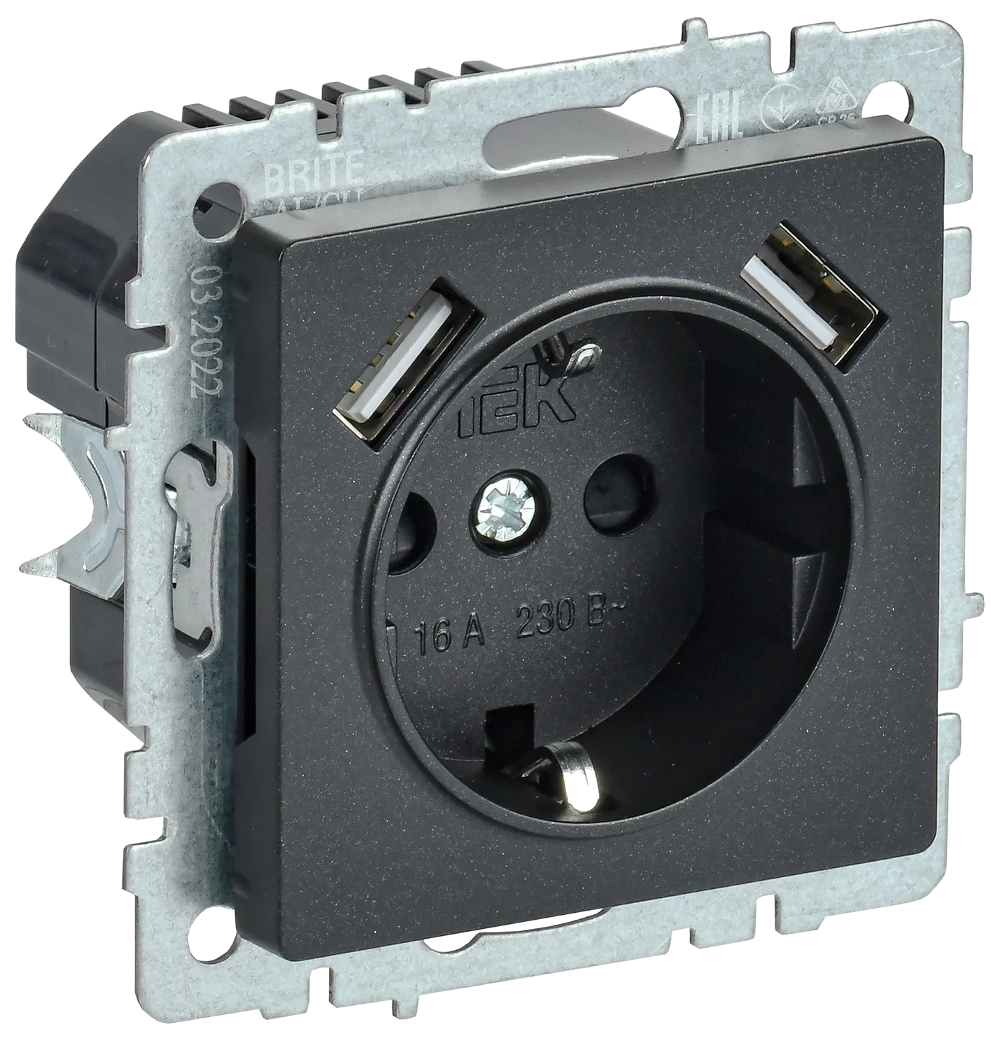 BRITE Розетка 1-местная с заземлением с защитными шторками 16А с USB A+A 5В 3,1А РЮш10-2-БрЧ черный IEK