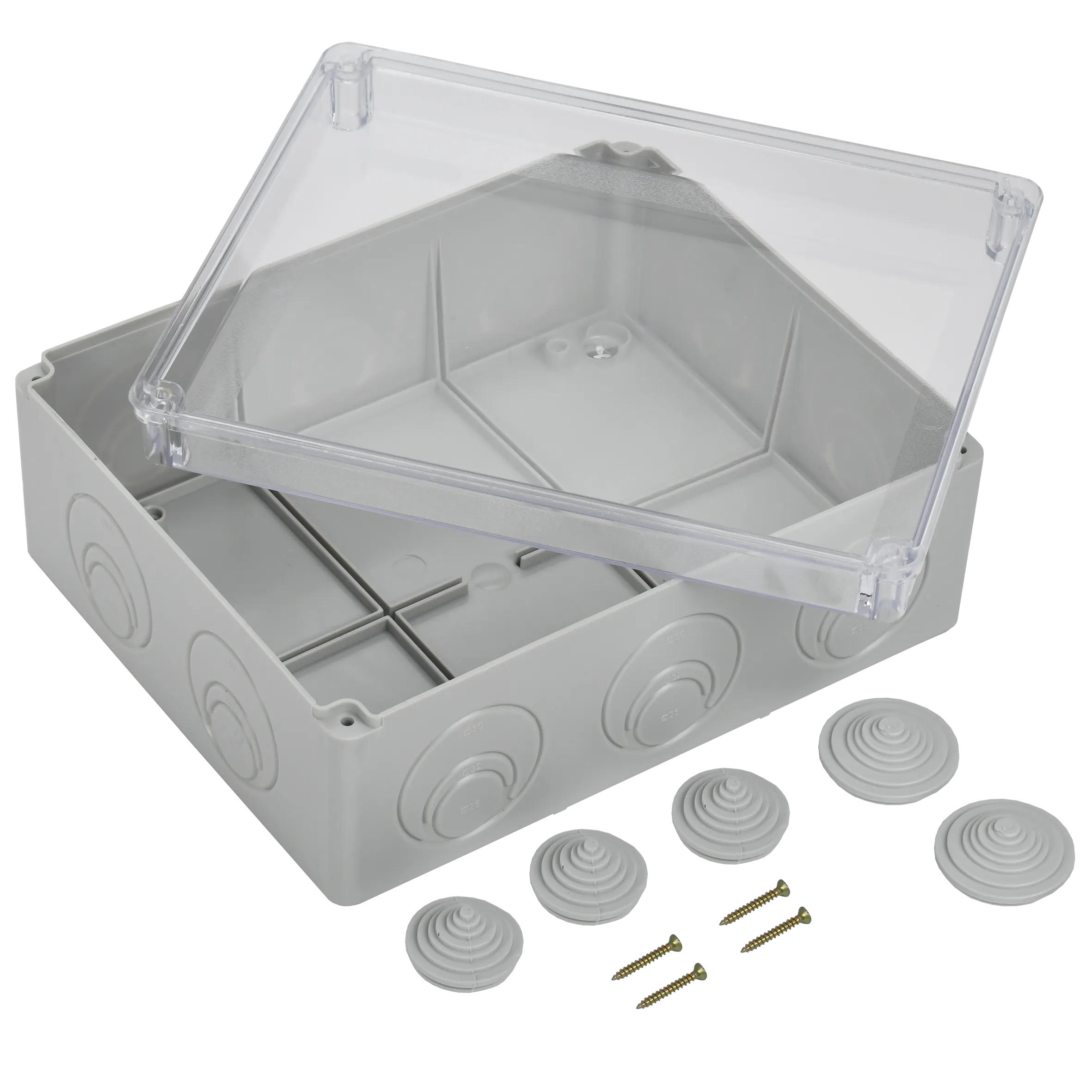 Коробка распаячная КМ41275 для открытой проводки безгалогенная (HF) 240х195х90мм с прозрачной крышкой IP44 5 вводов RAL 7035 IEK - Фото 5