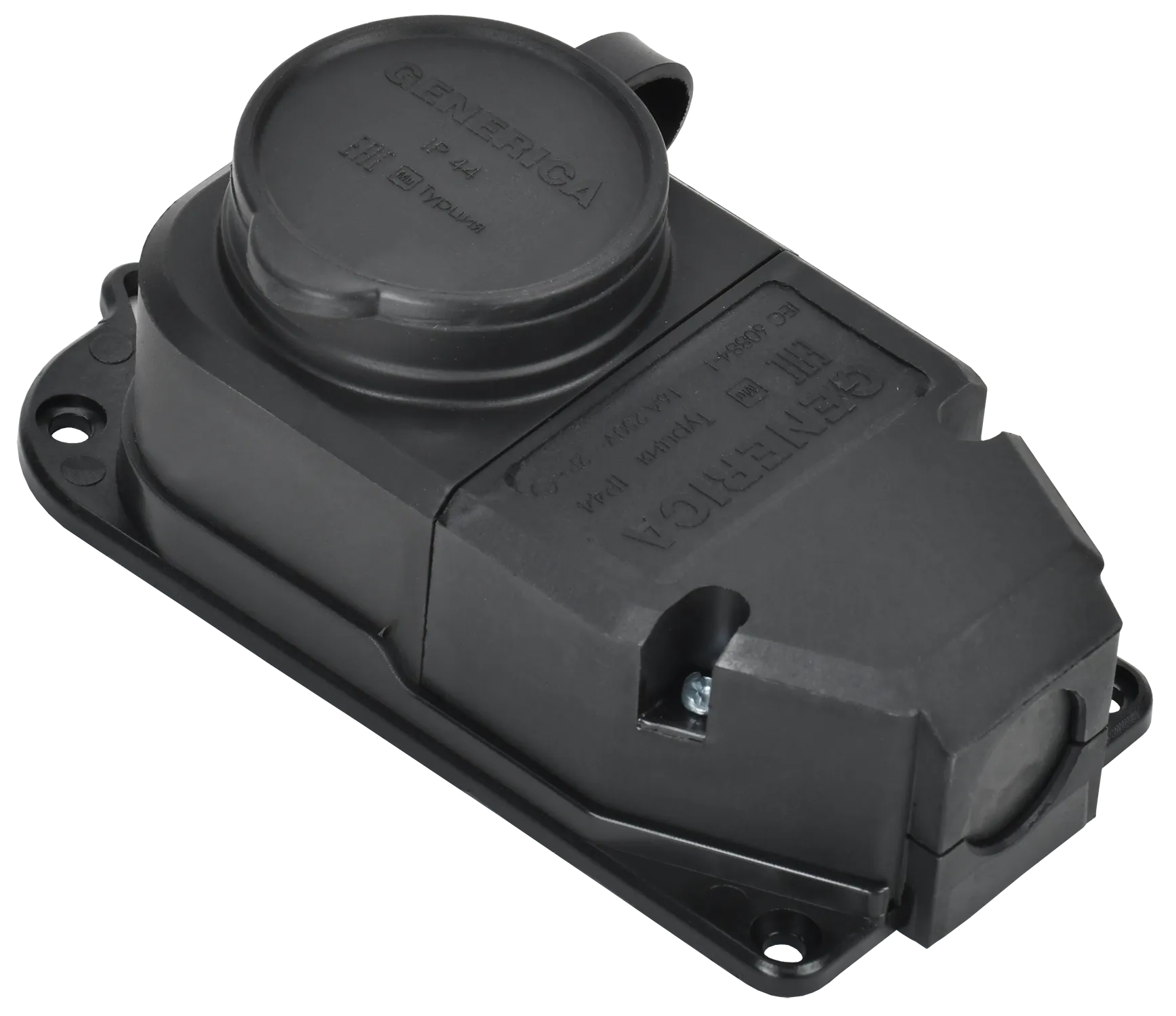 Розетка (колодка) с защитной крышкой 16А IP44 каучук черная GENERICA ERK10-016-01-44-K02-G